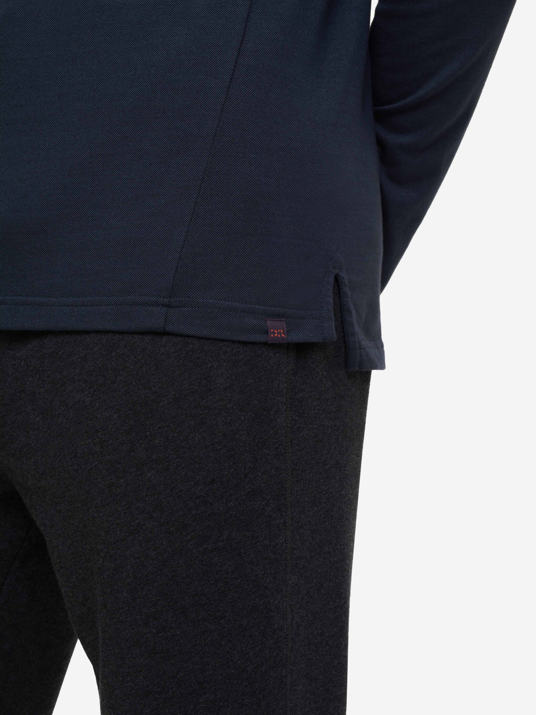 Men's Long Sleeve Polo Shirt Ramsay 2 Pique Cotton Tencel Navy