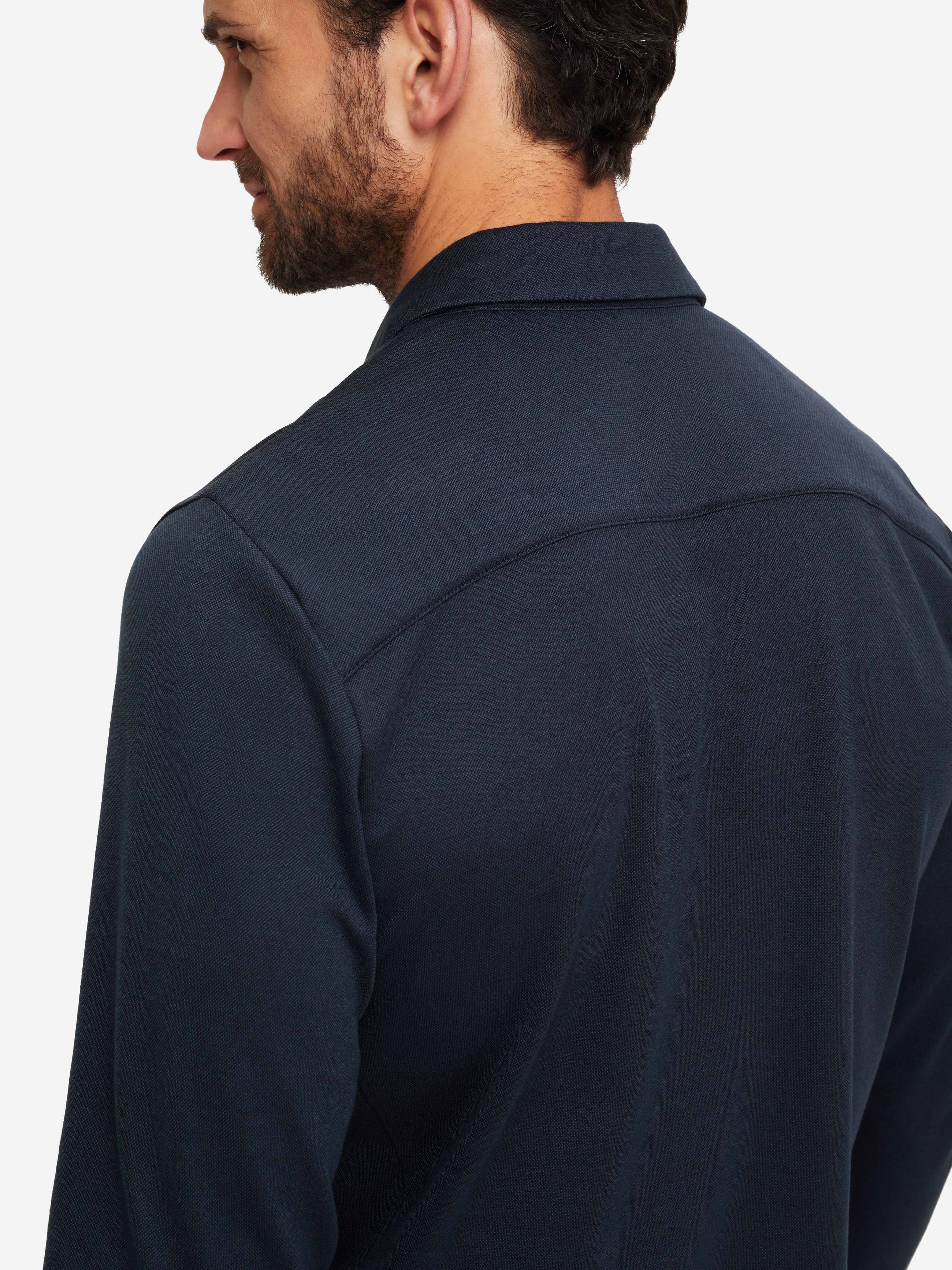 Men's Long Sleeve Polo Shirt Ramsay 2 Pique Cotton Tencel Navy