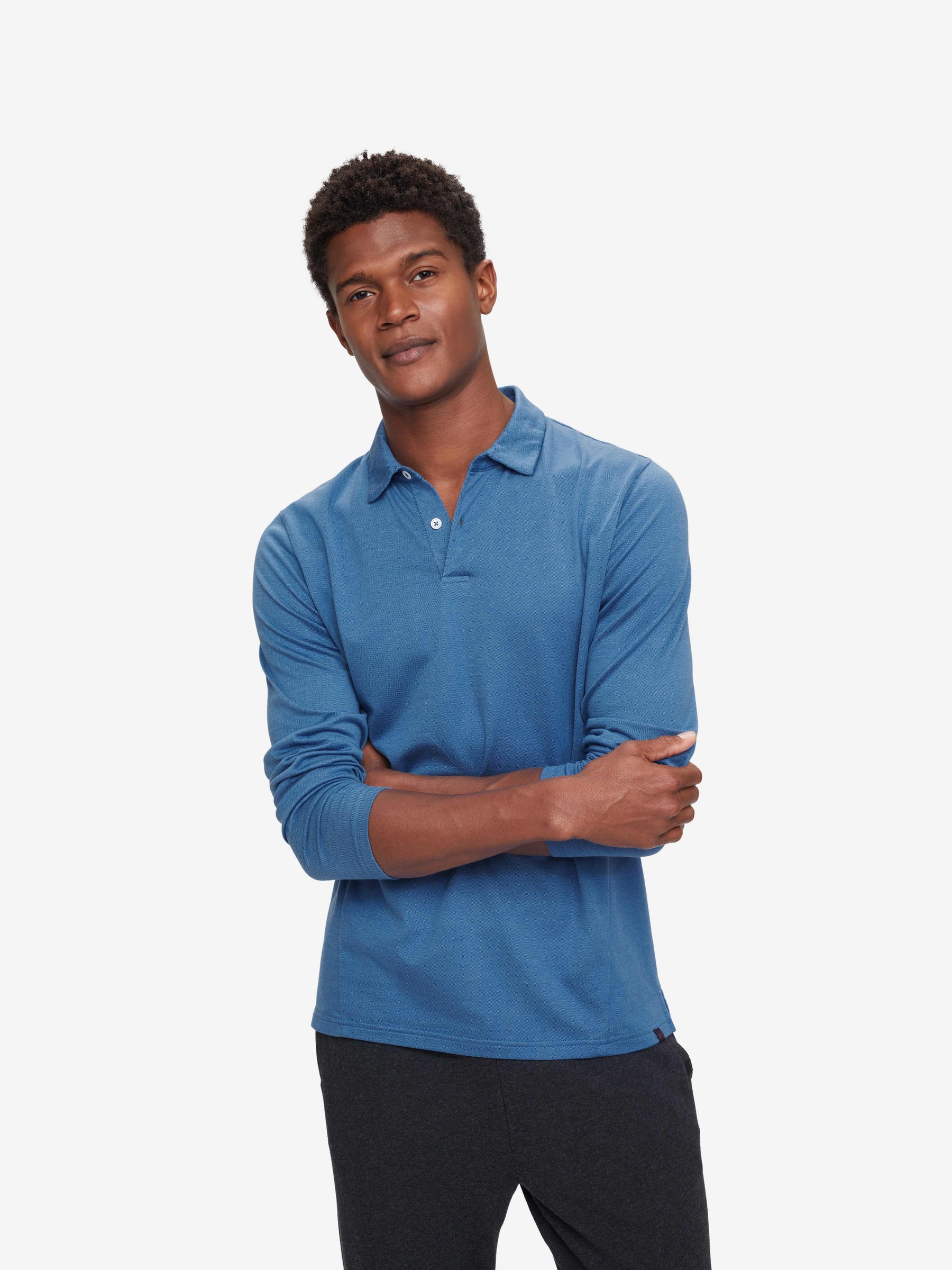 Men's Long Sleeve Polo Shirt Ramsay 3 Pique Cotton Tencel Blue