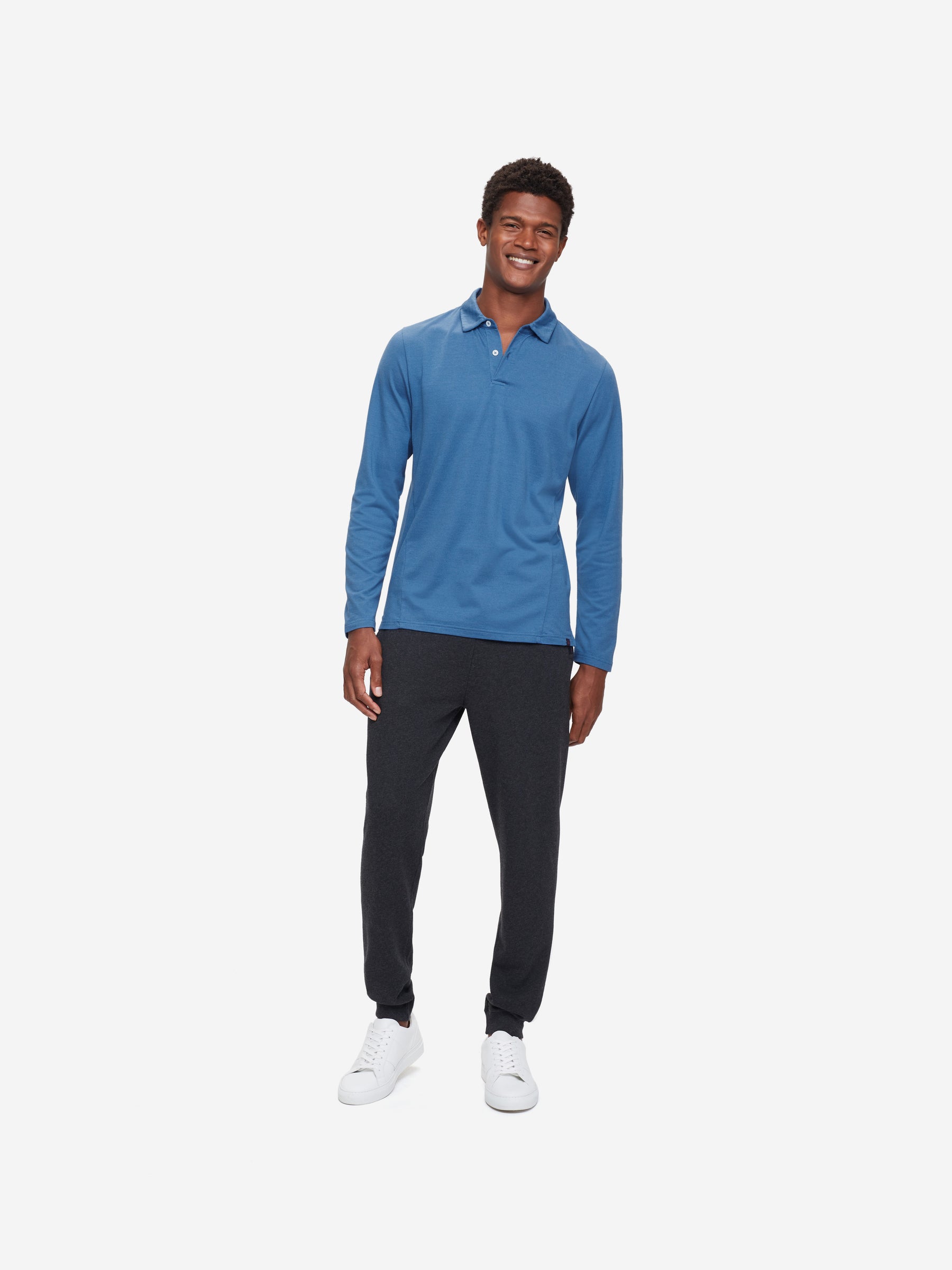 Men's Long Sleeve Polo Shirt Ramsay 3 Pique Cotton Tencel Blue