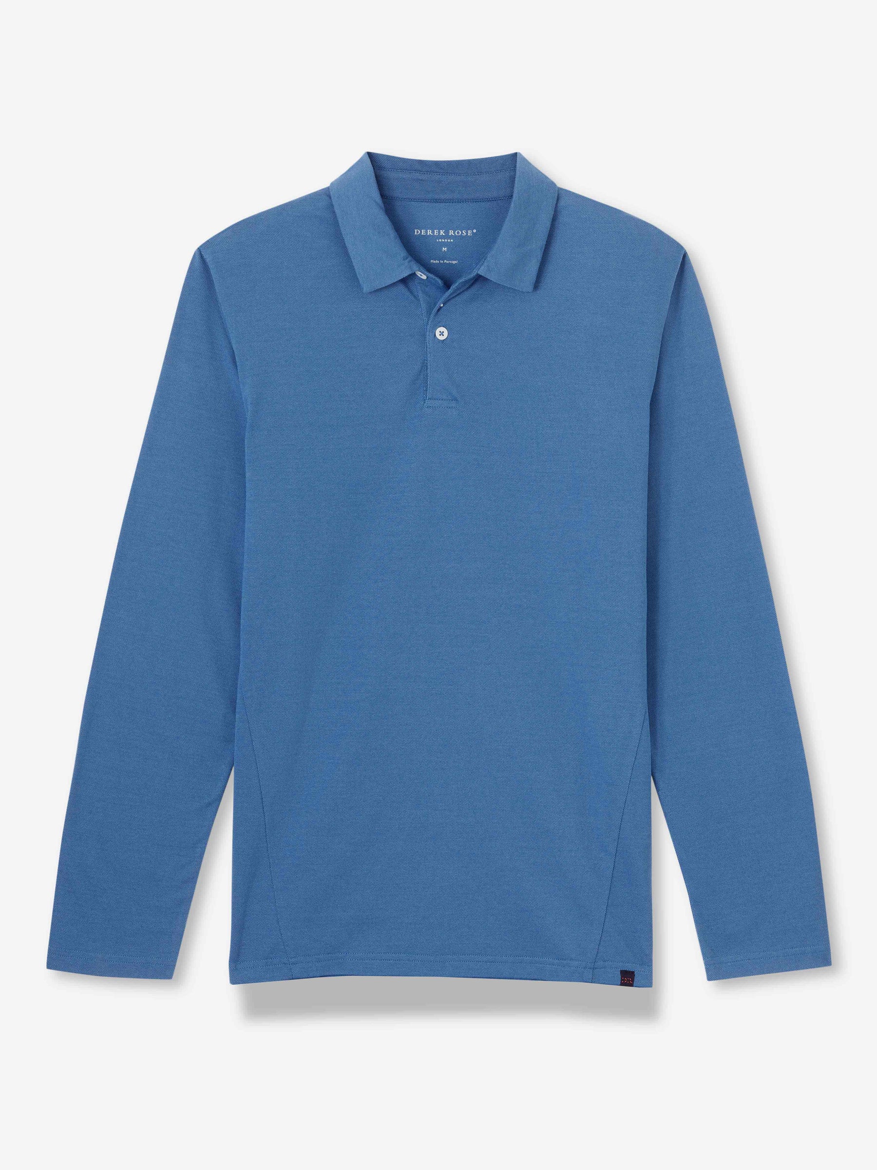 Men's Long Sleeve Polo Shirt Ramsay 3 Pique Cotton Tencel Blue
