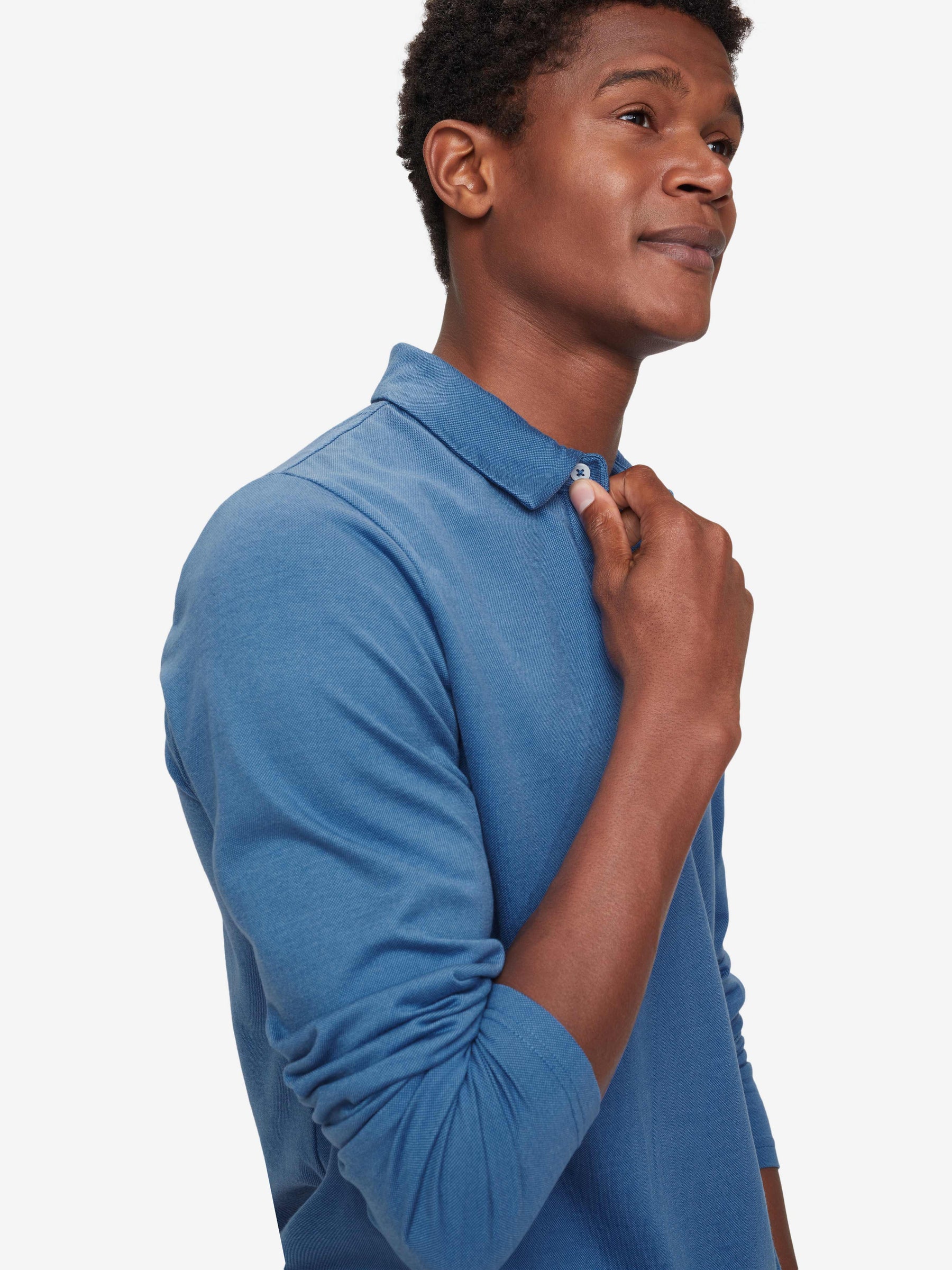 Men's Long Sleeve Polo Shirt Ramsay 3 Pique Cotton Tencel Blue