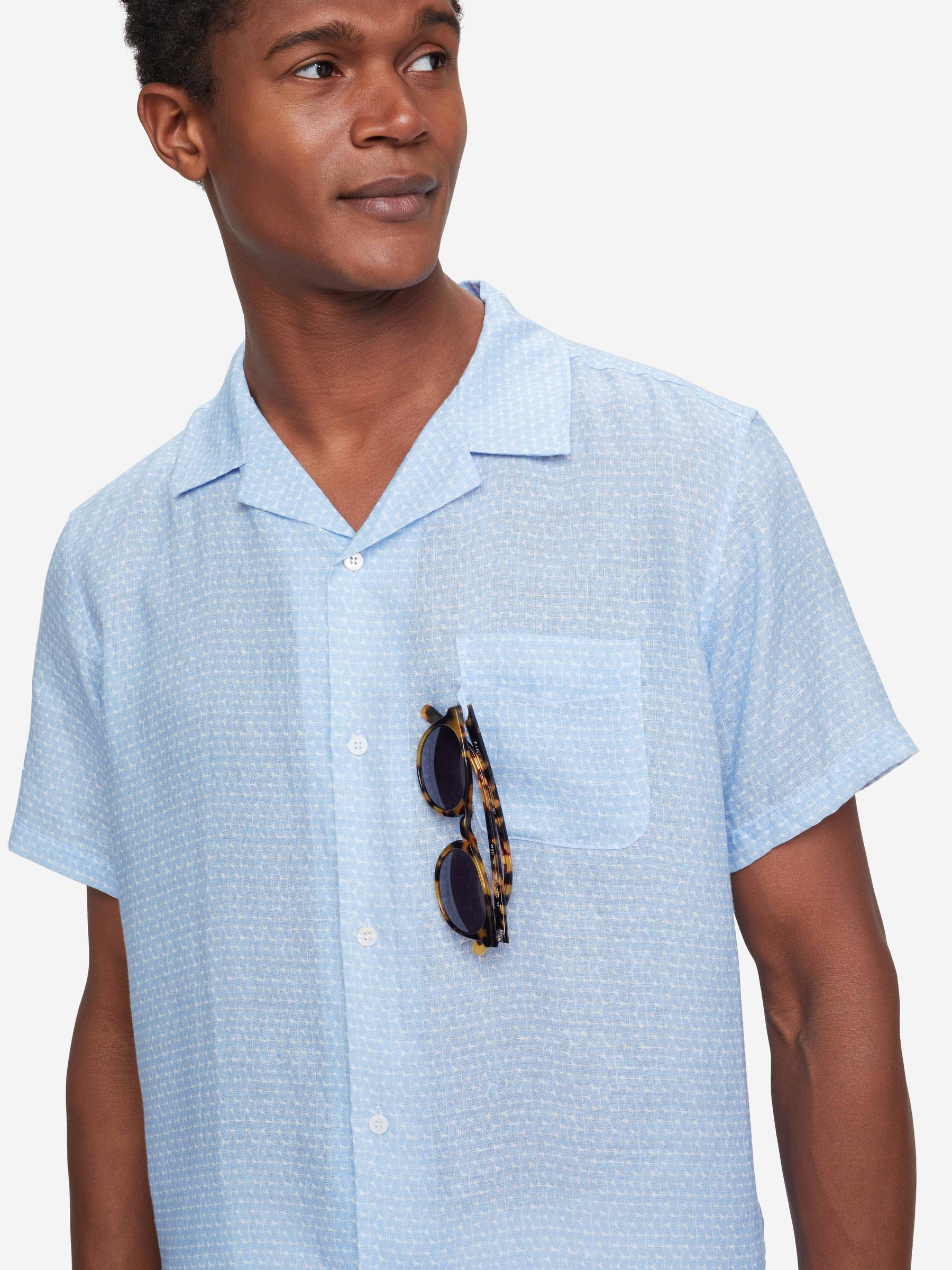 Men's Short Sleeve Shirt Milan 15 Linen Blue
