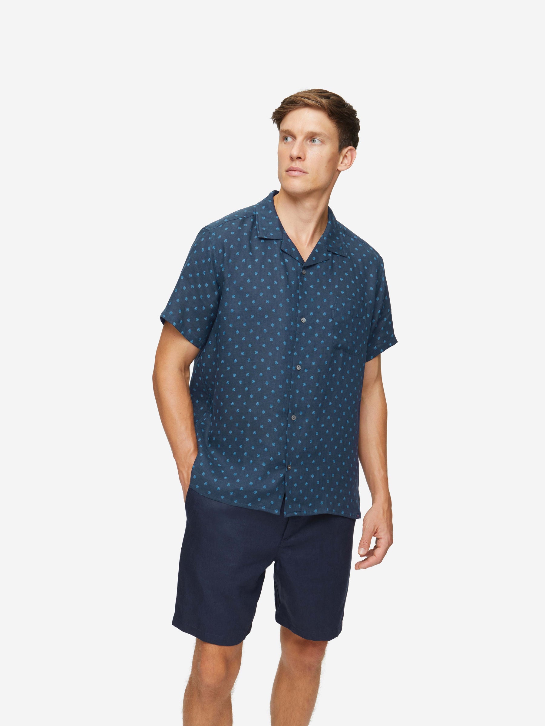 Men's Short Sleeve Shirt Milan 19 Linen Navy