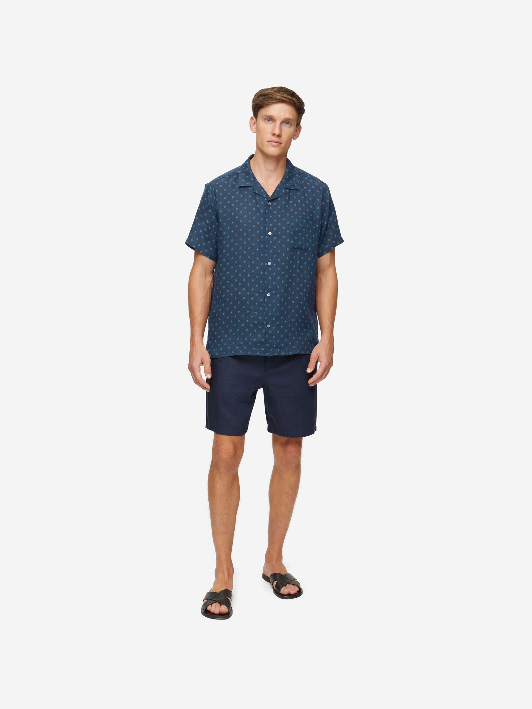 Men's Short Sleeve Shirt Milan 19 Linen Navy