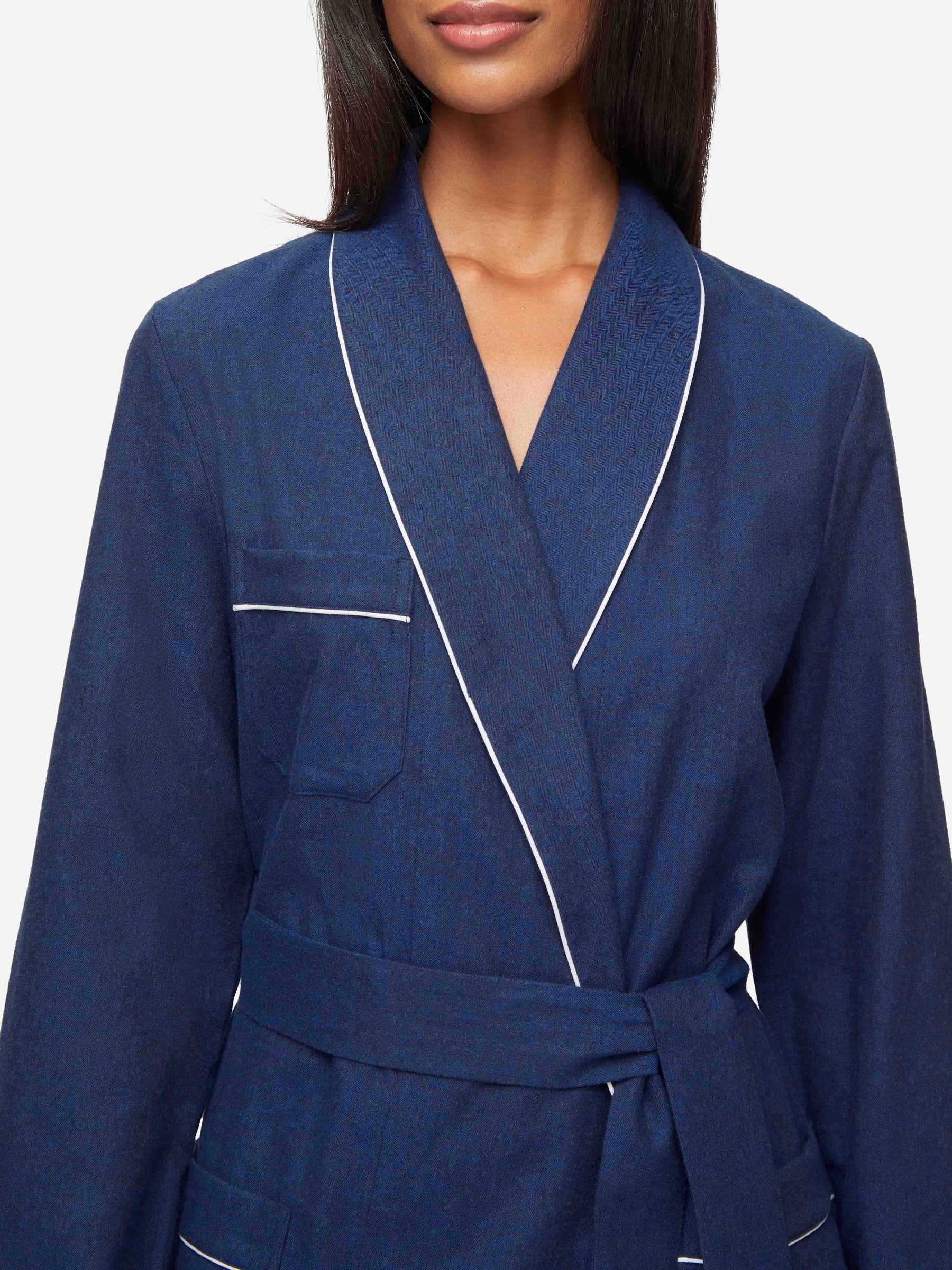 Women's Long Dressing Gown Balmoral 3 Brushed Cotton Navy