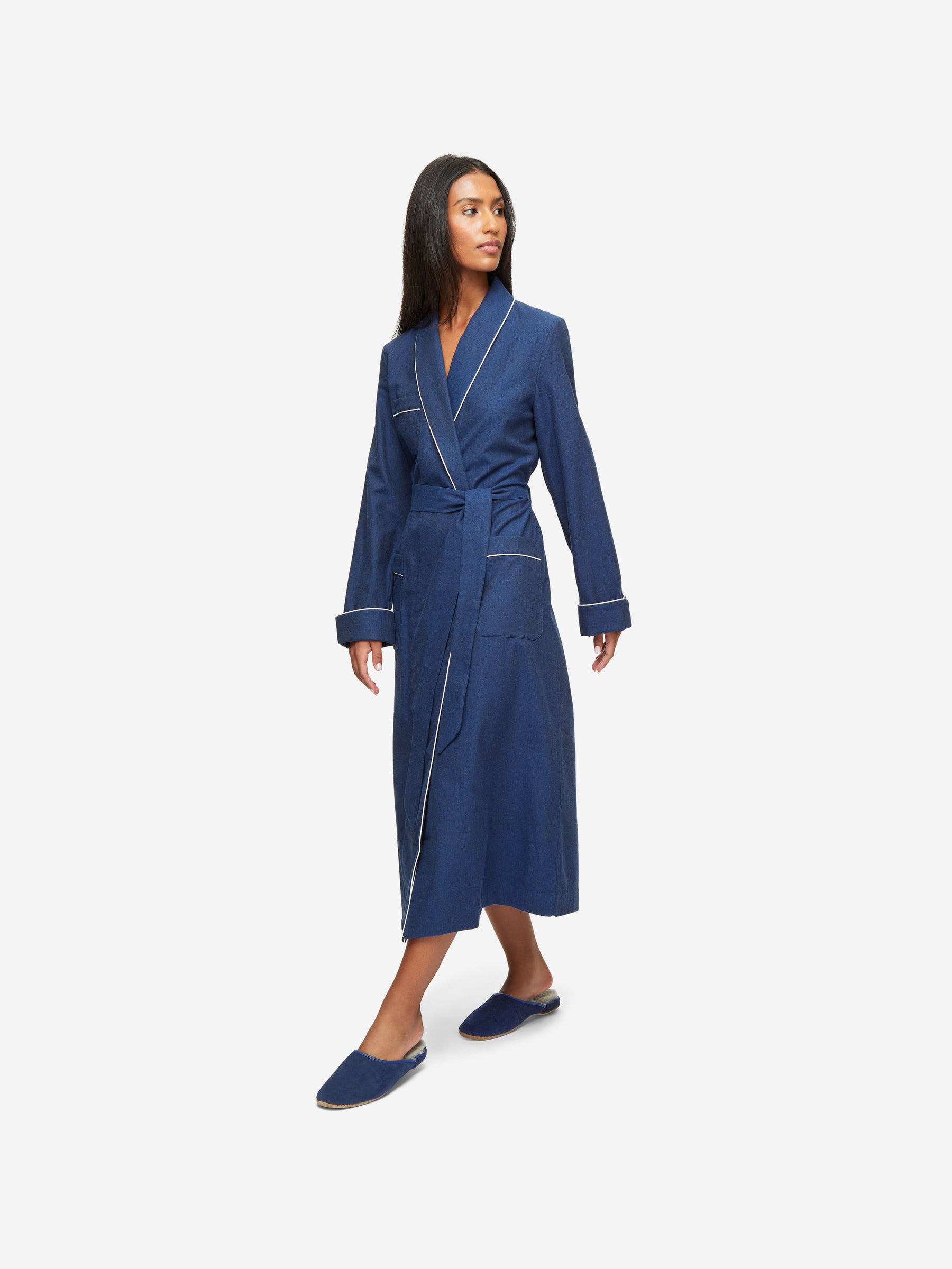 Women's Long Dressing Gown Balmoral 3 Brushed Cotton Navy