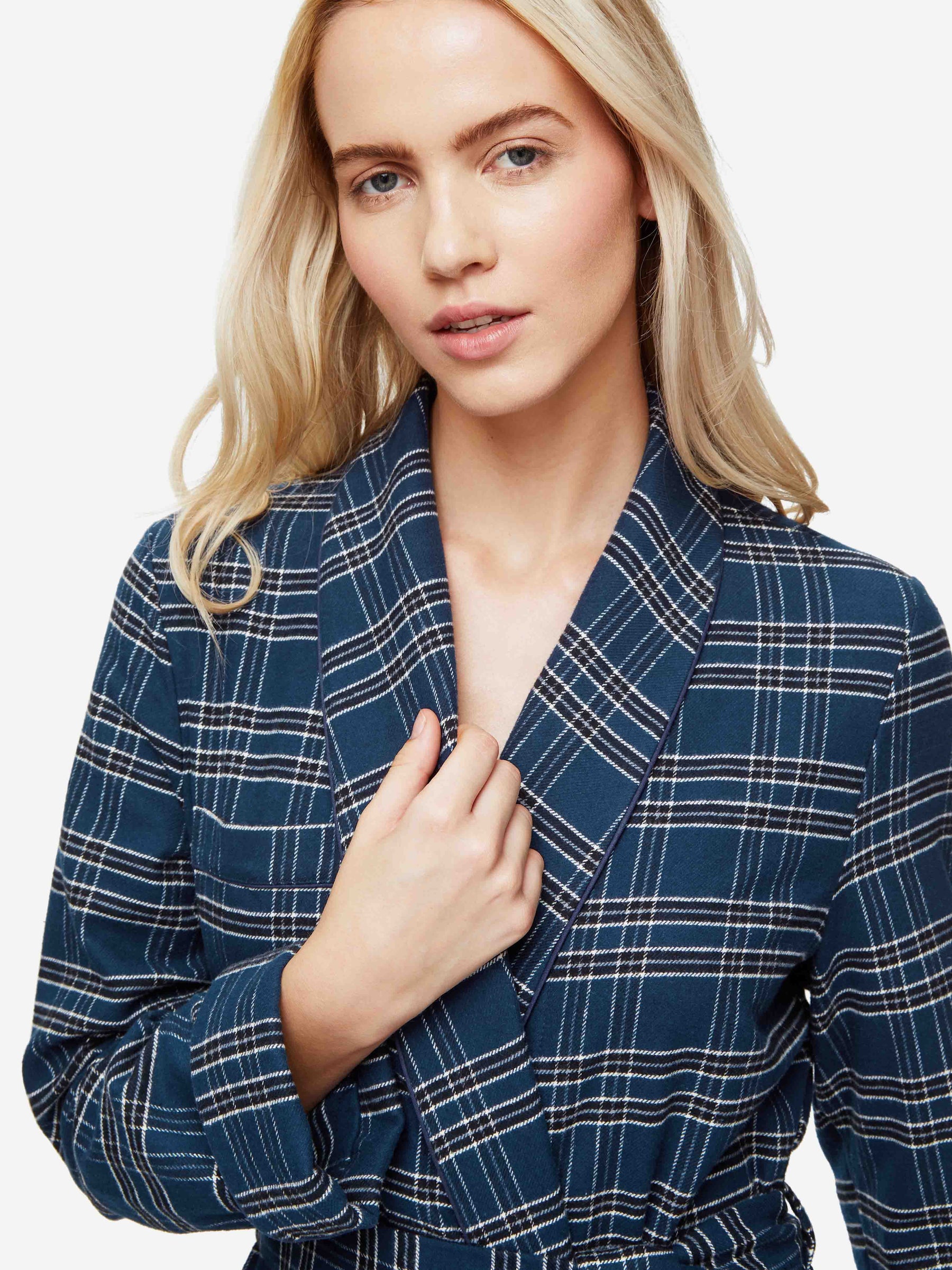 Women's Long Dressing Gown Kelburn 30 Brushed Cotton Navy
