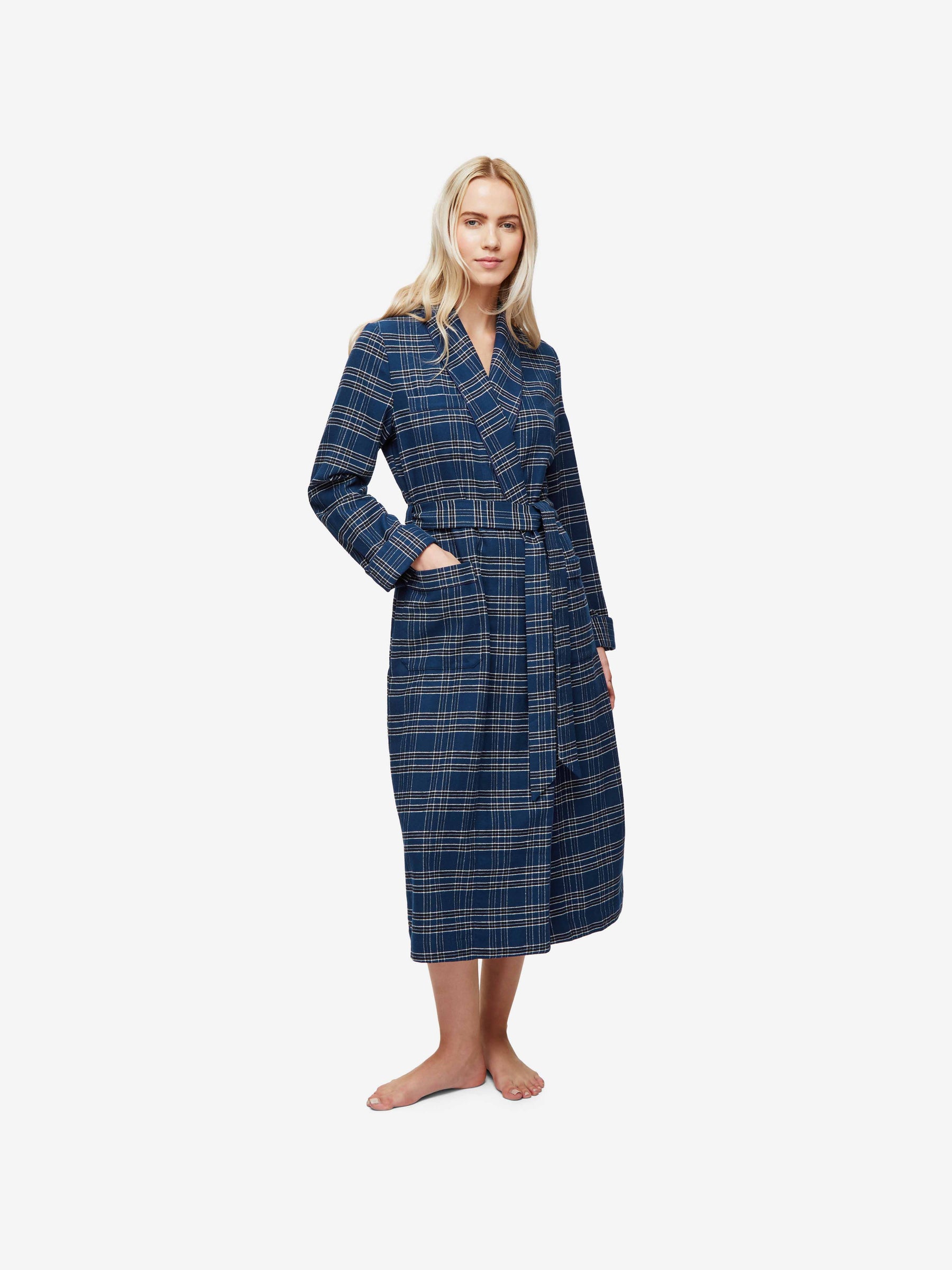 Women's Long Dressing Gown Kelburn 30 Brushed Cotton Navy