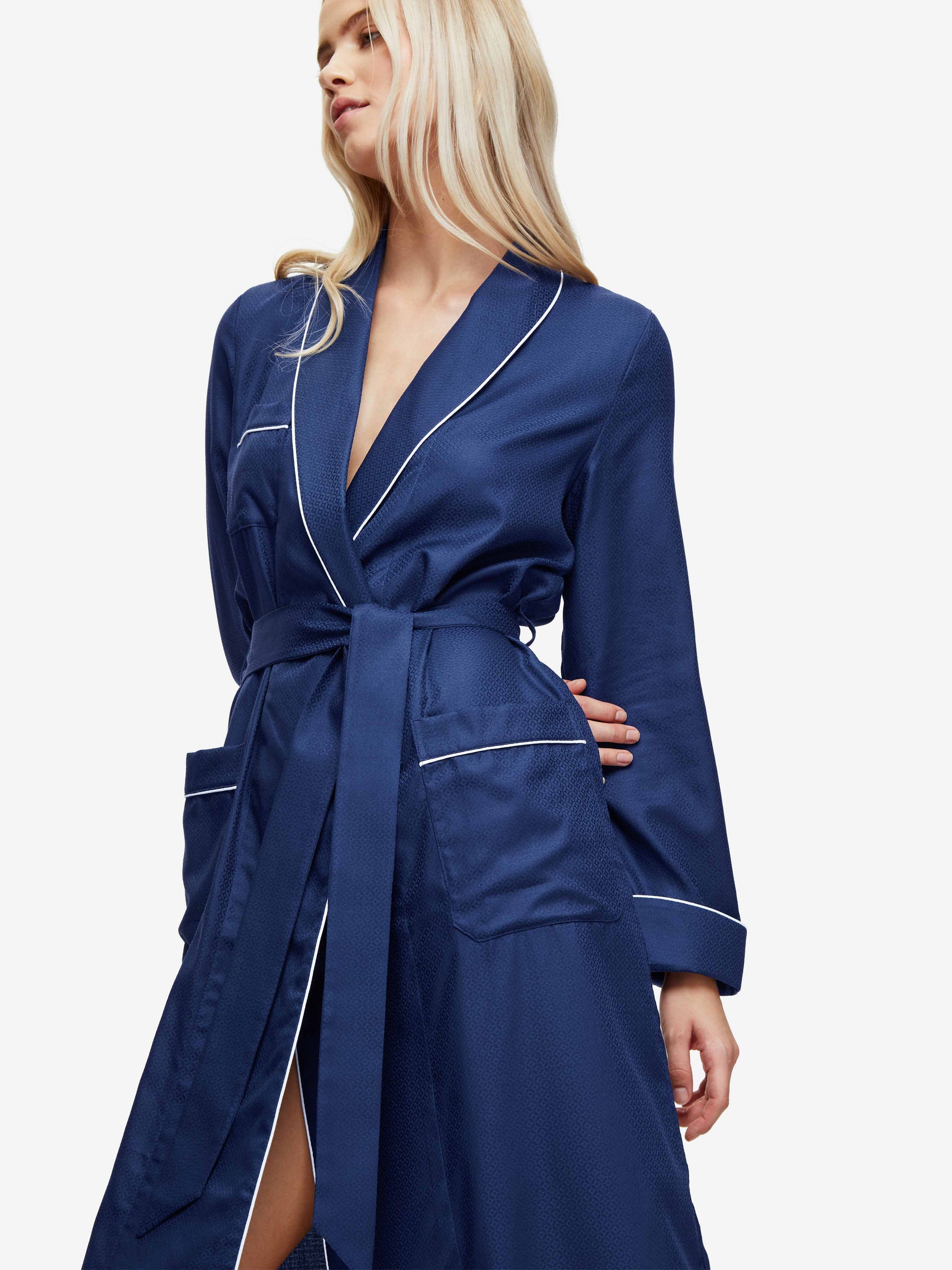 Women's Long Dressing Gown Lombard 6 Cotton Jacquard Navy