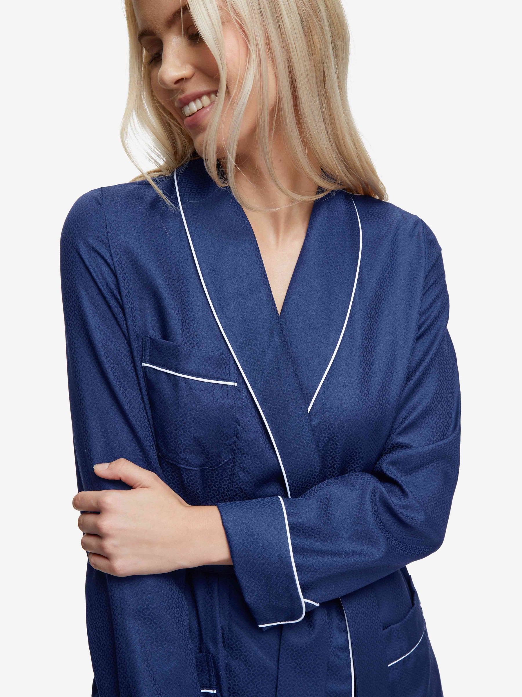 Women's Long Dressing Gown Lombard 6 Cotton Jacquard Navy