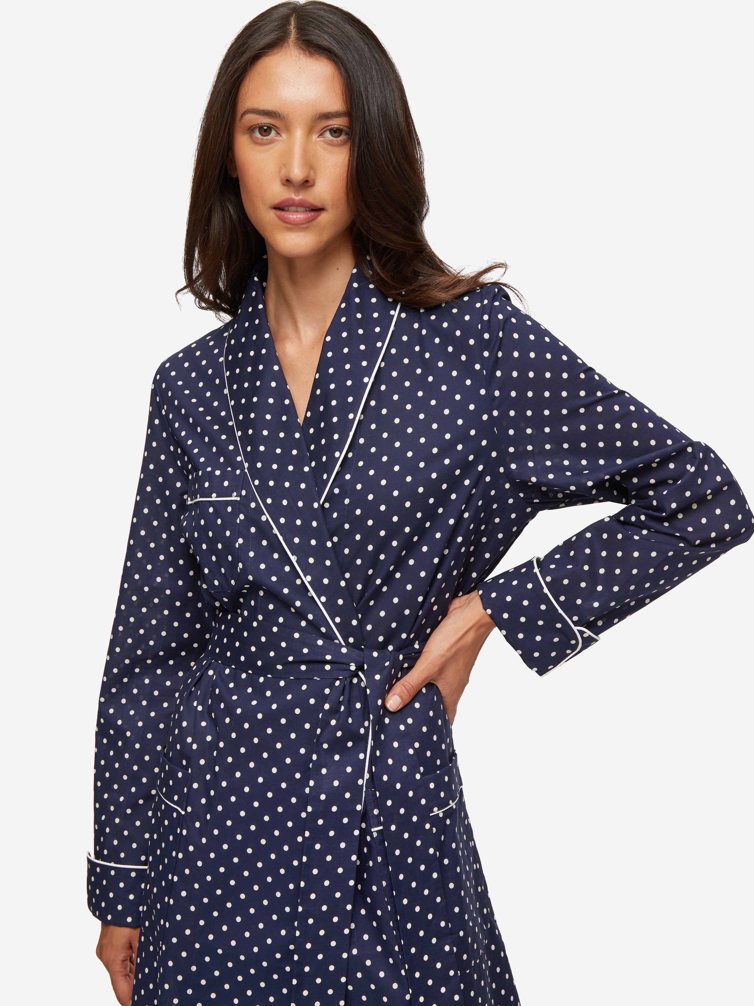 Women's Long Dressing Gown Plaza 60 Cotton Batiste Navy