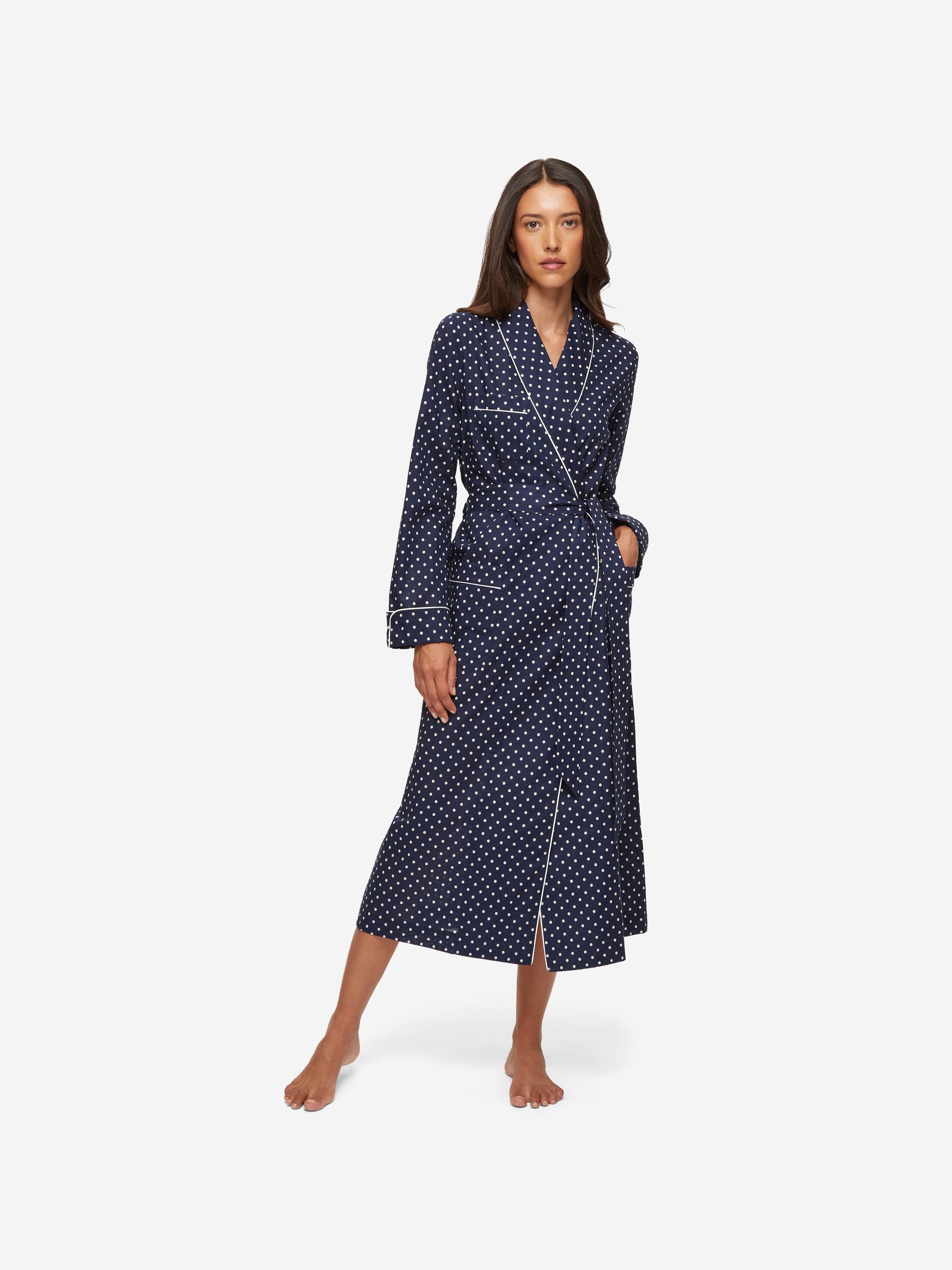 Women's Long Dressing Gown Plaza 60 Cotton Batiste Navy