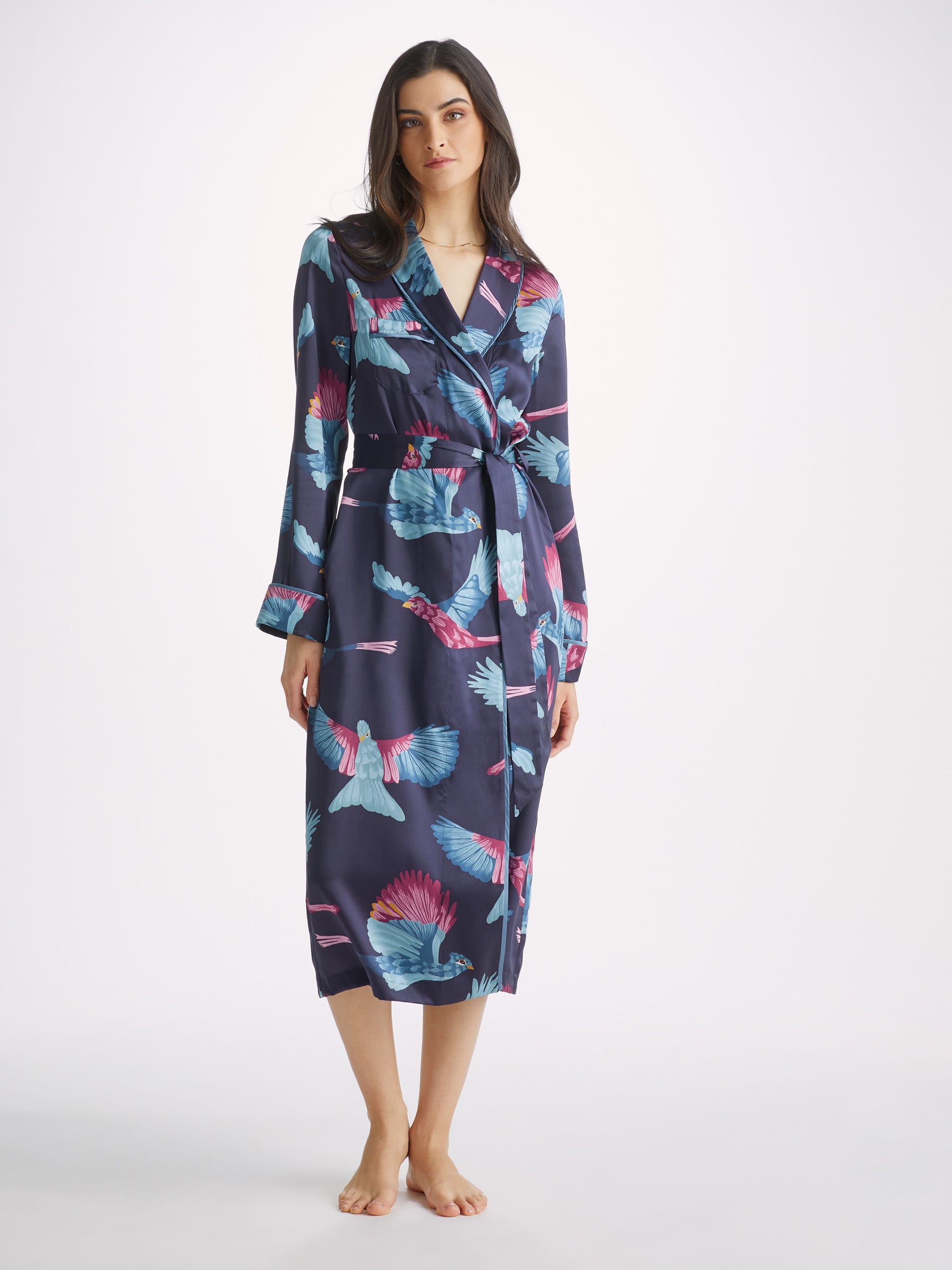 Women's Long Dressing Gown Brindisi 95 Silk Satin Navy