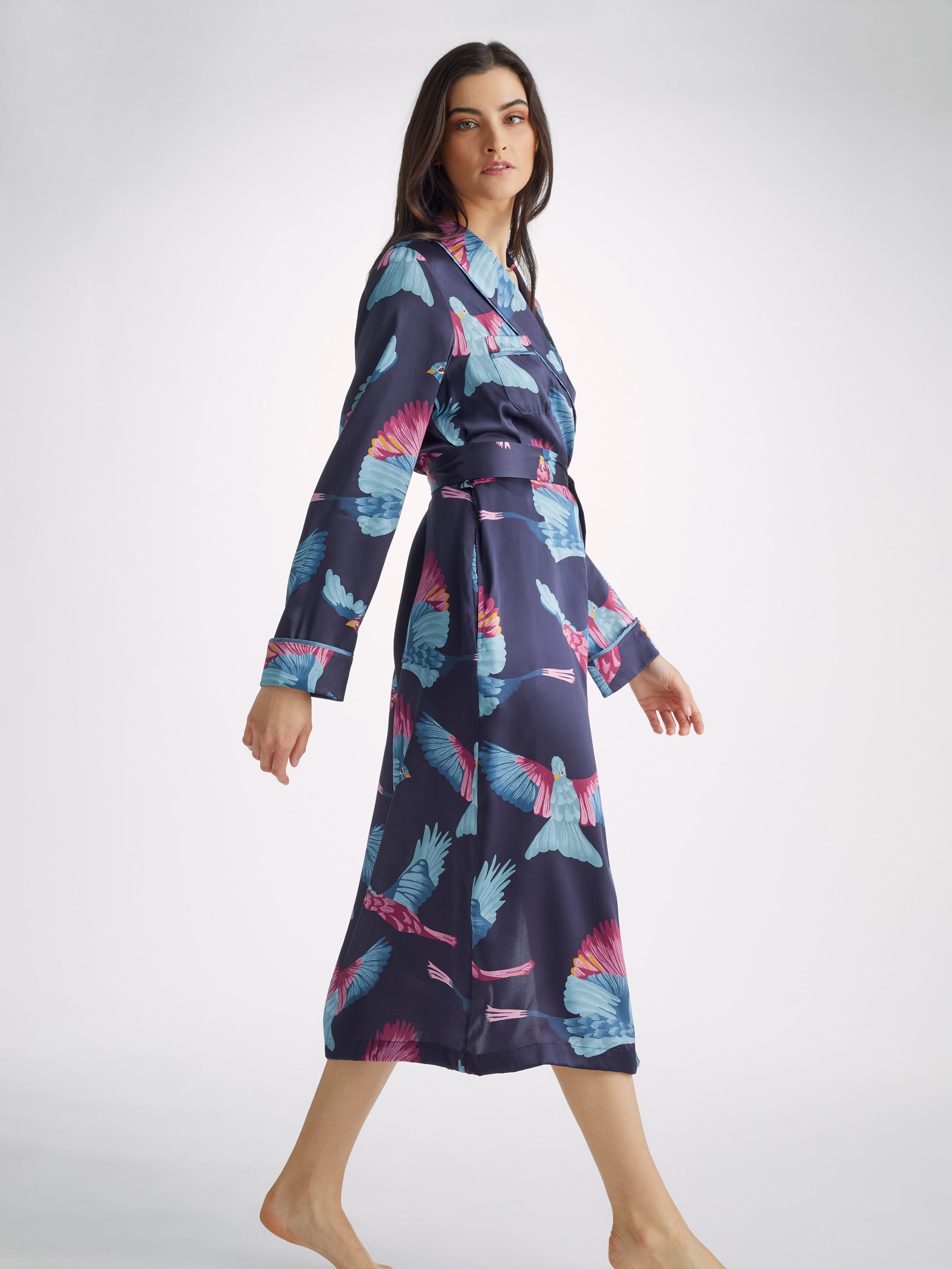 Women's Long Dressing Gown Brindisi 95 Silk Satin Navy