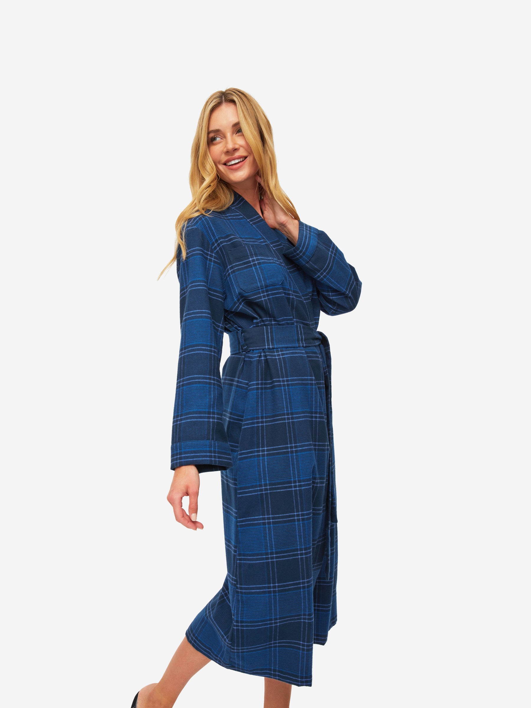 Women's Long Dressing Gown Kelburn 27 Brushed Cotton Navy