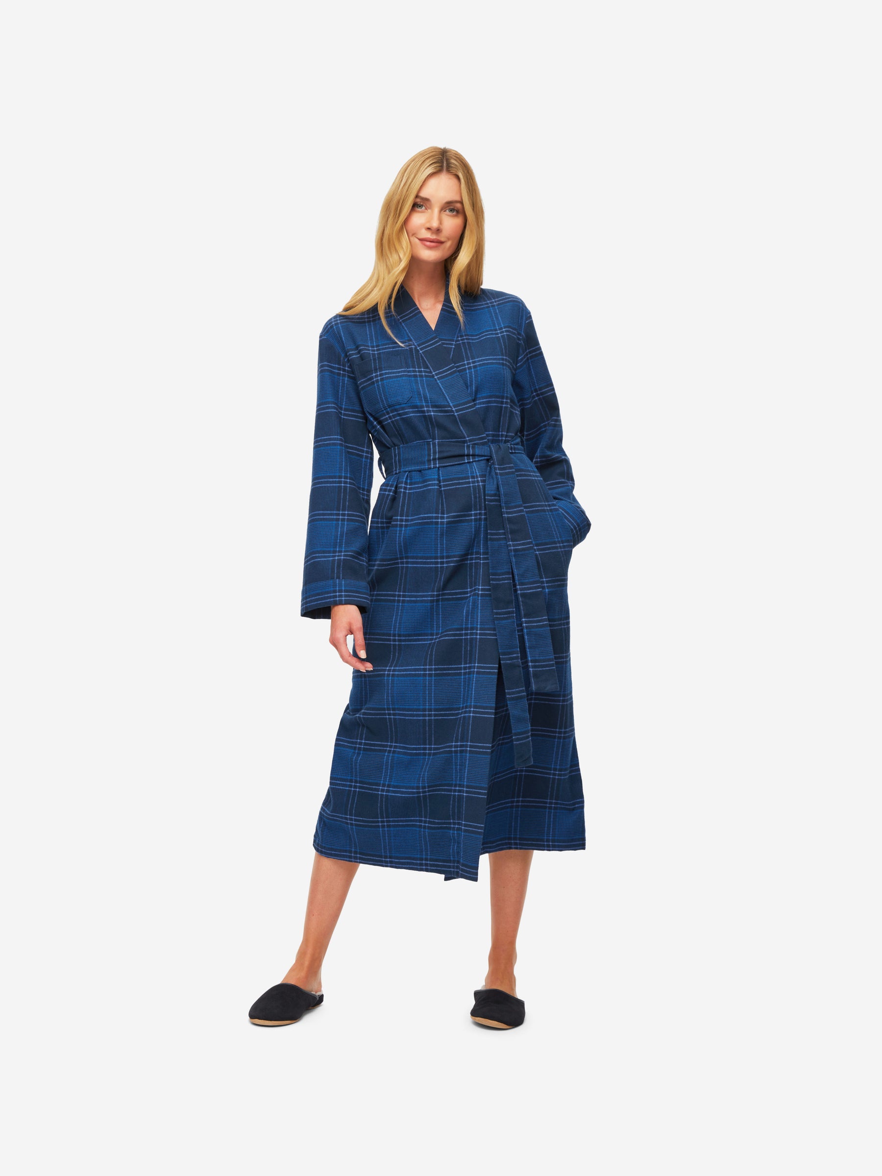 Women's Long Dressing Gown Kelburn 27 Brushed Cotton Navy