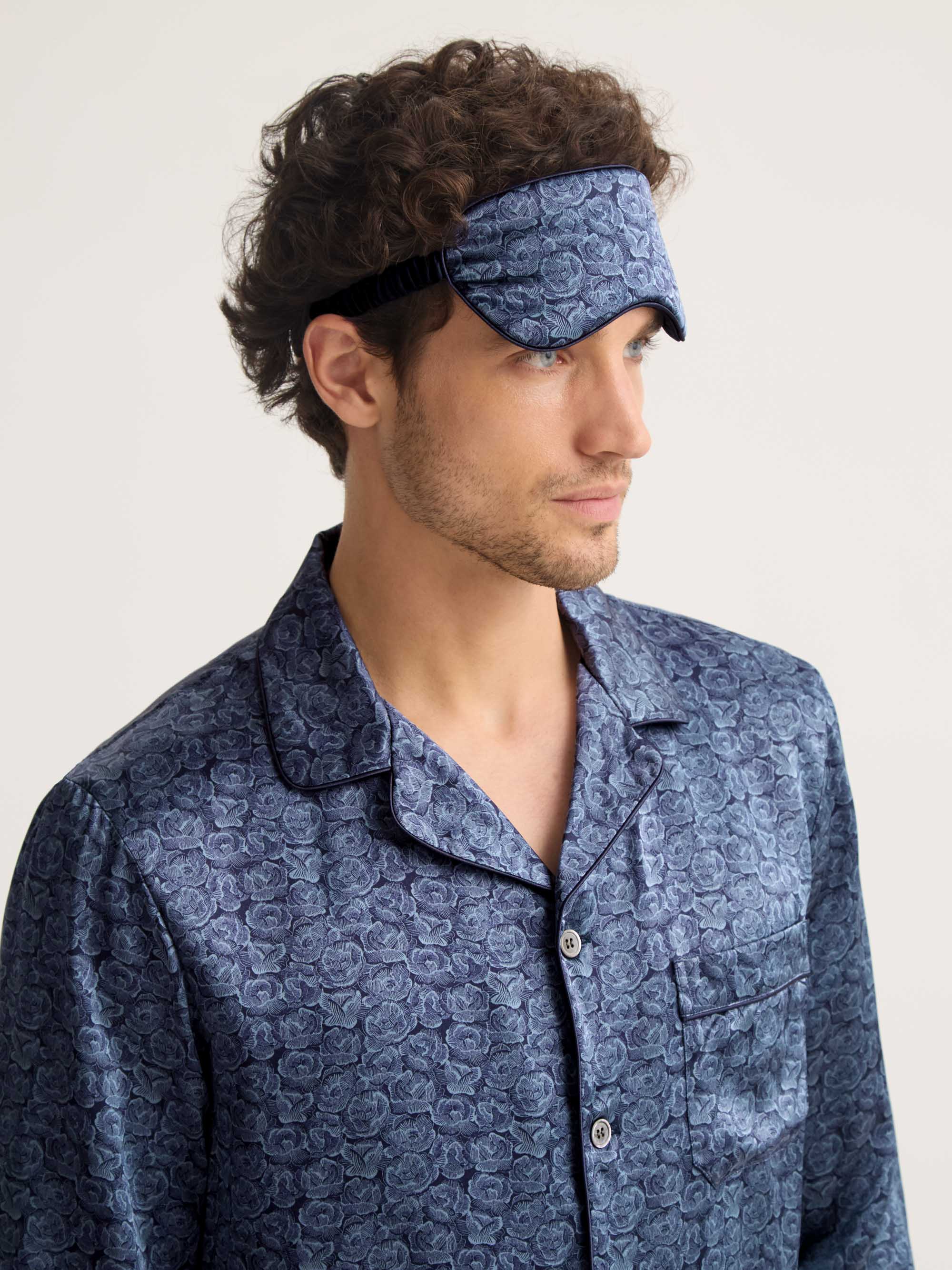 Silk Eye Mask Navy Blue Rose Print