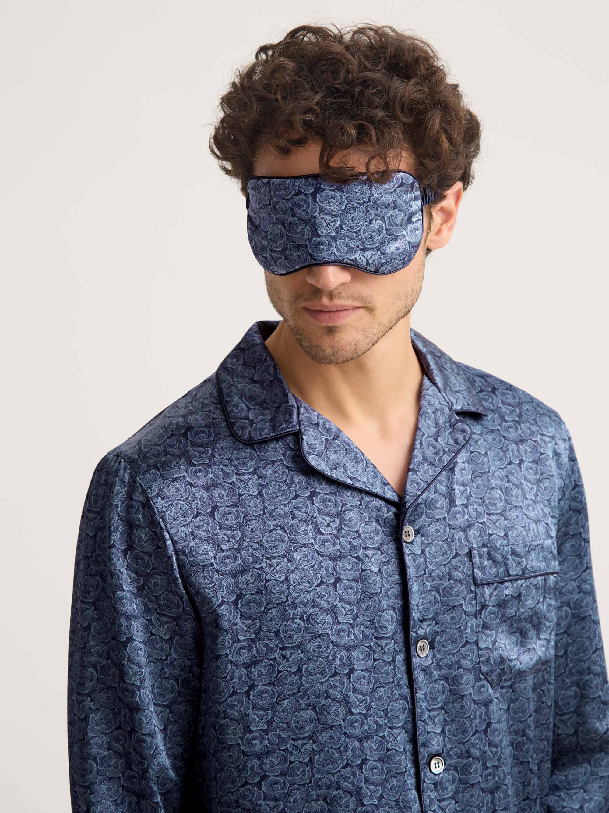 Silk Eye Mask Navy Blue Rose Print