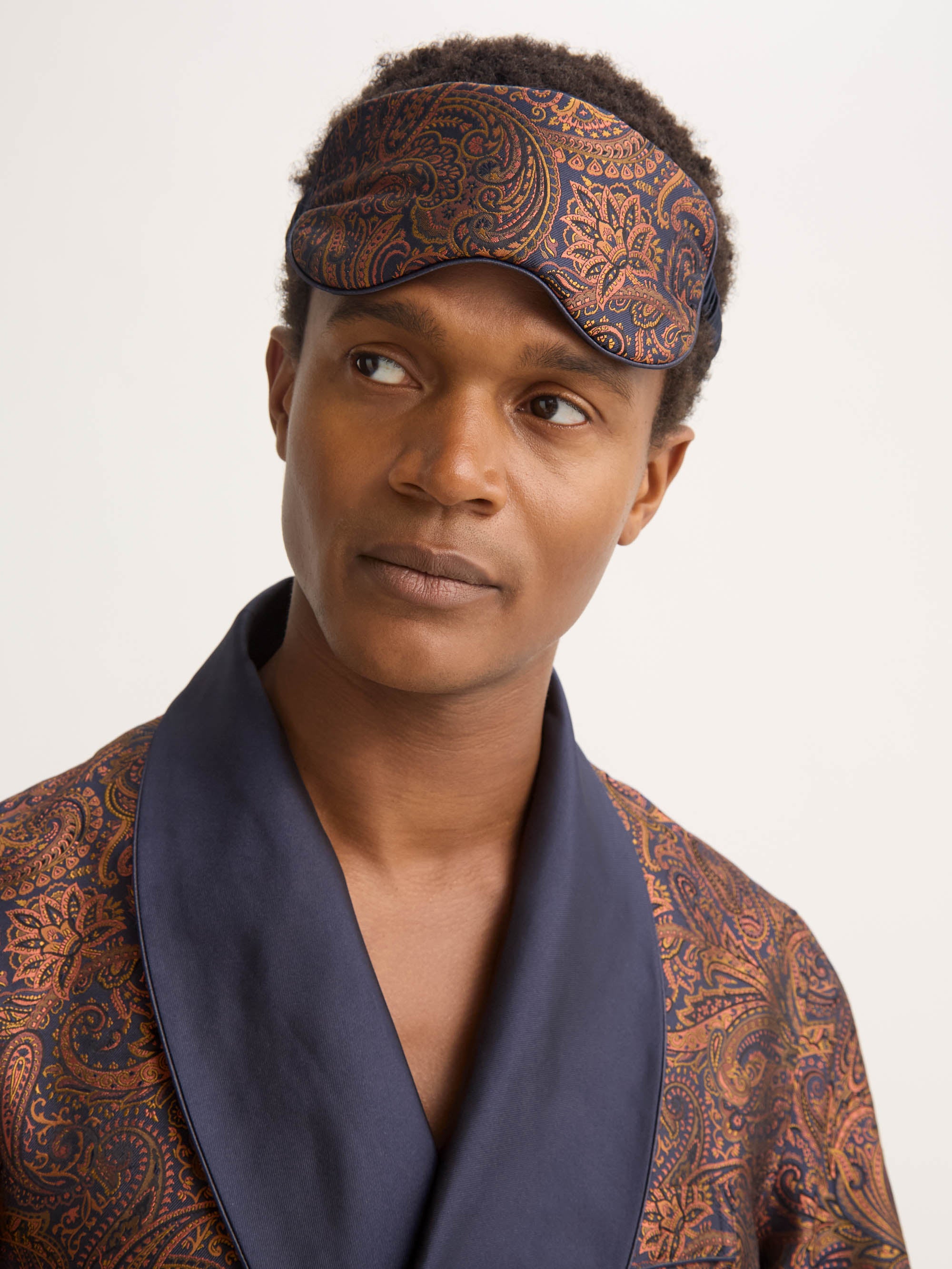 Silk Eye Mask Jacquard Navy Blue & Antique Gold Paisley Weave