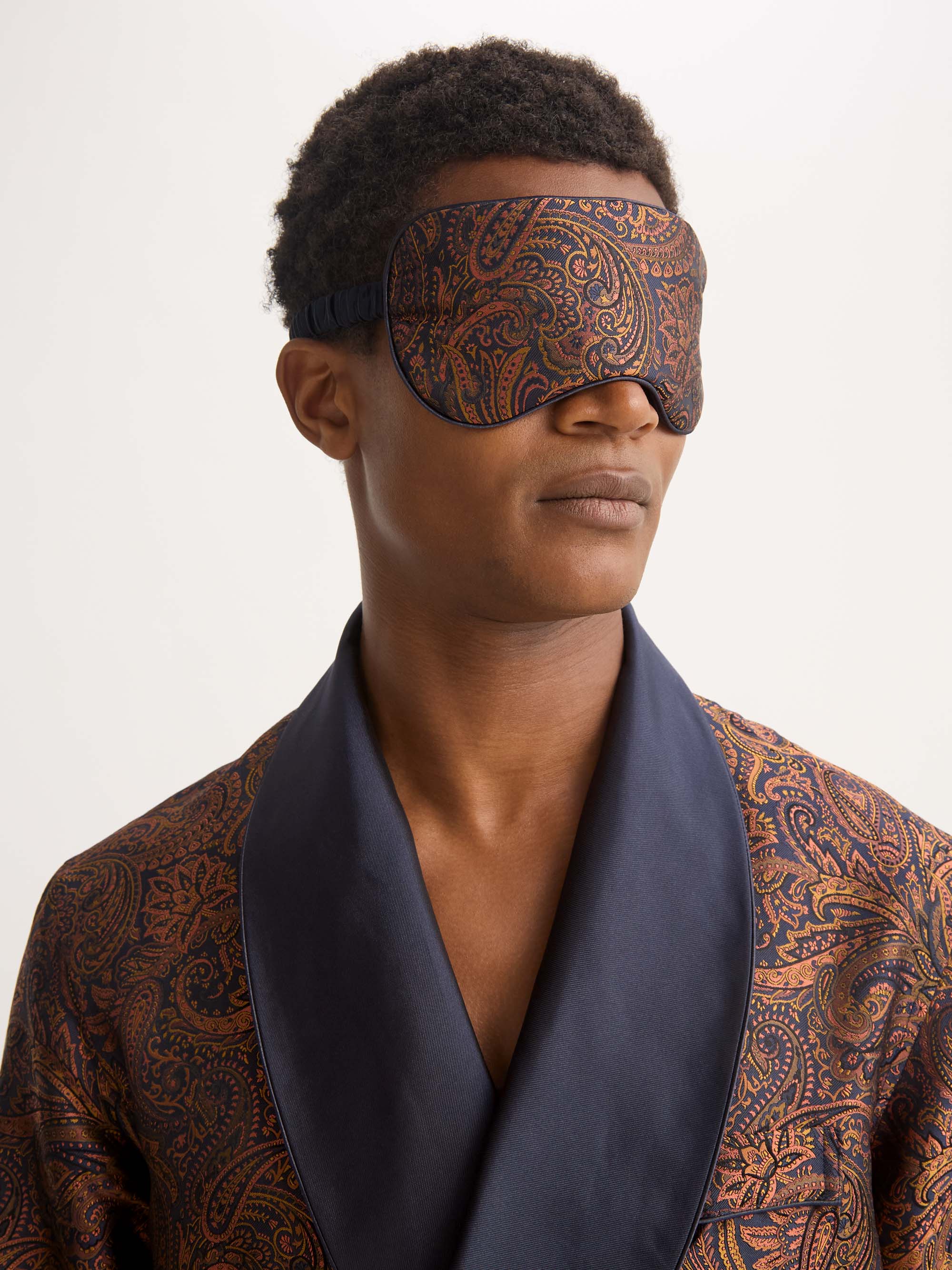 Silk Eye Mask Jacquard Navy Blue & Antique Gold Paisley Weave