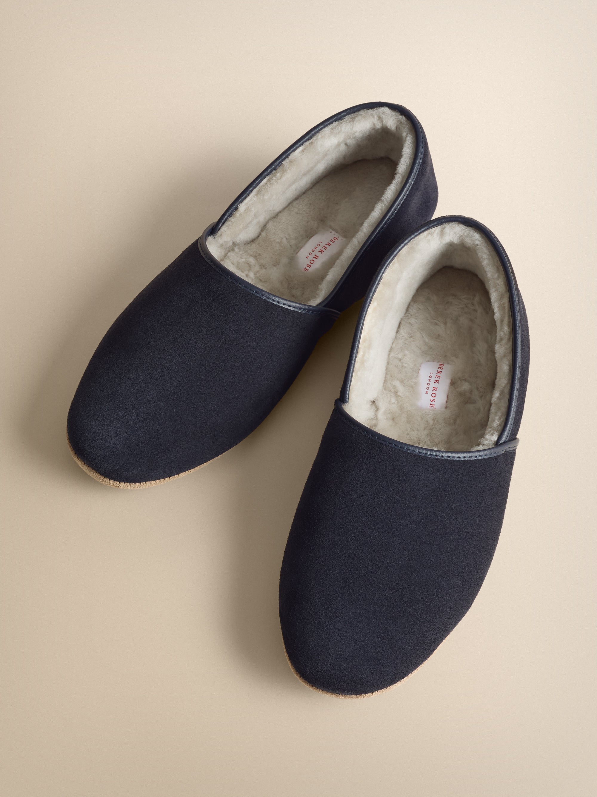 Men's Navy Sheepskin Suede Closed-Back Slipper | Derek Rose