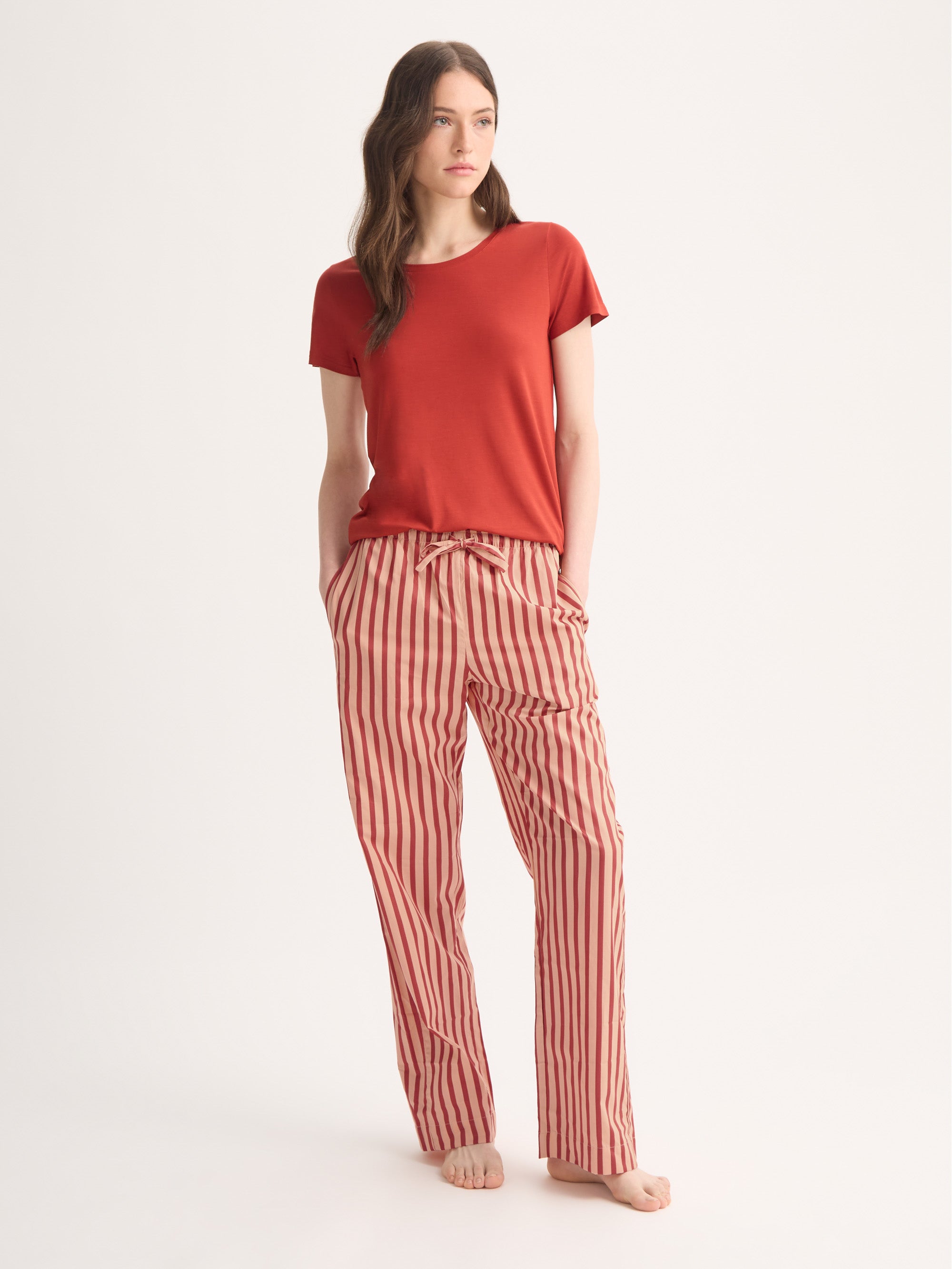 Women's Lounge Trousers Capri Cotton Batiste Red & Peach Stripe