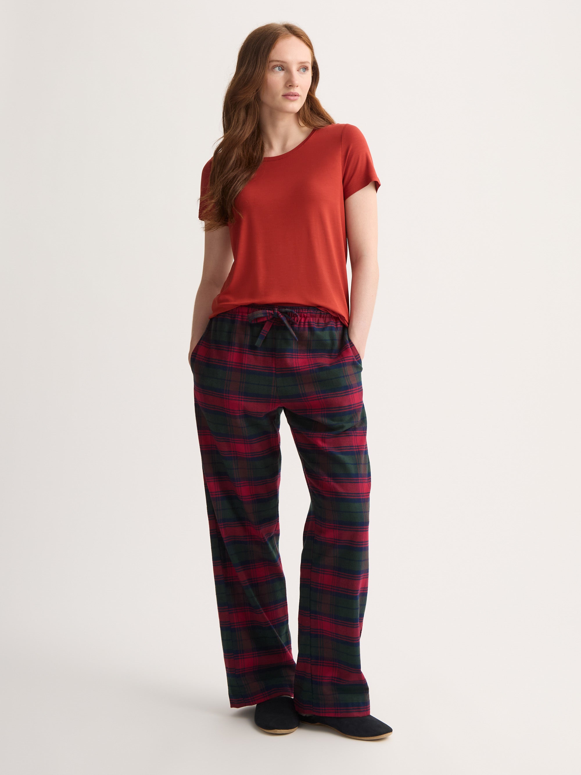 Women's Lounge Pants Kelburn Brushed Cotton Burgundy Red & Green Check