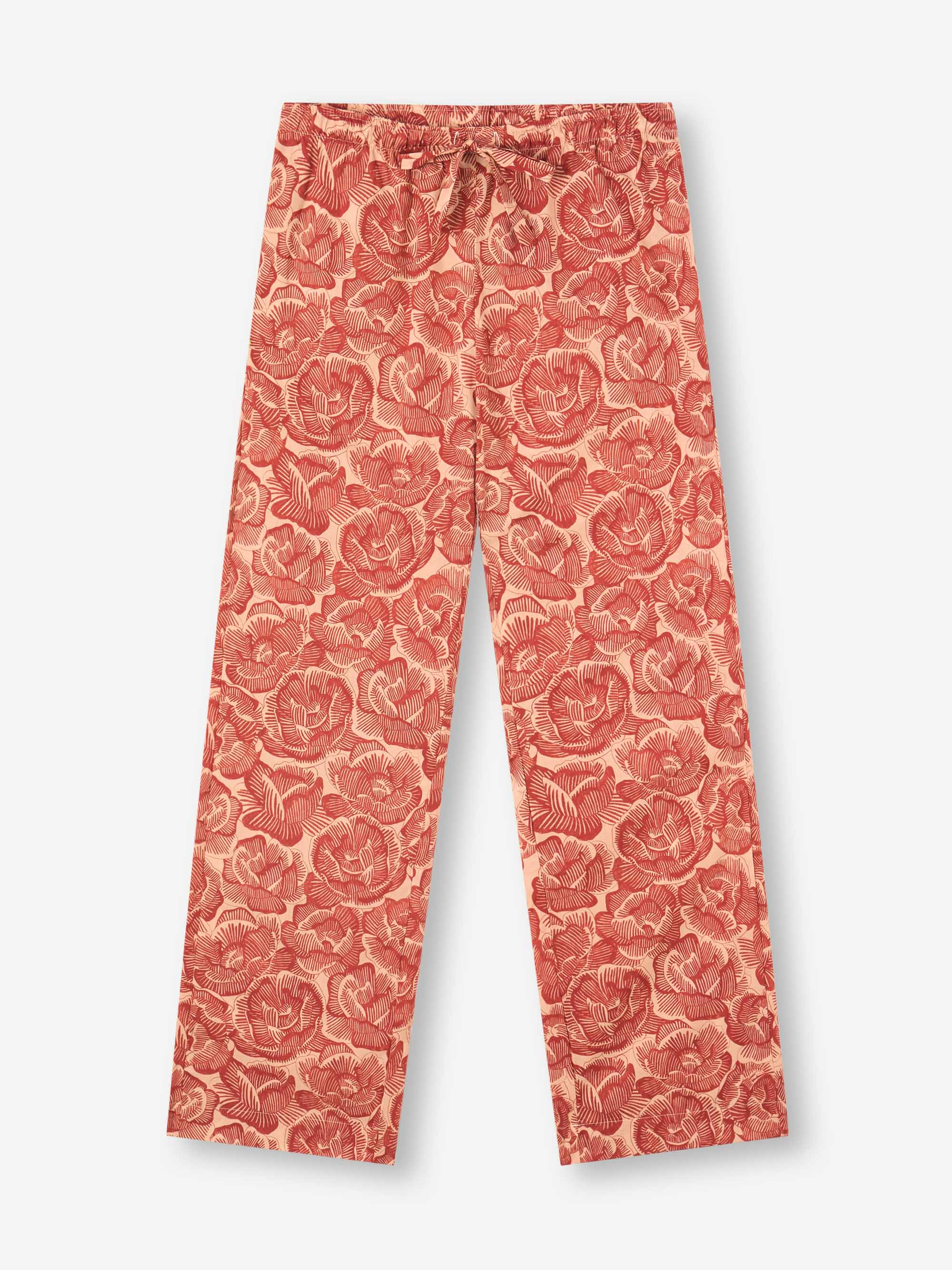 Women's Lounge Trousers Cotton Batiste Rustic Red & Peach Rose Print