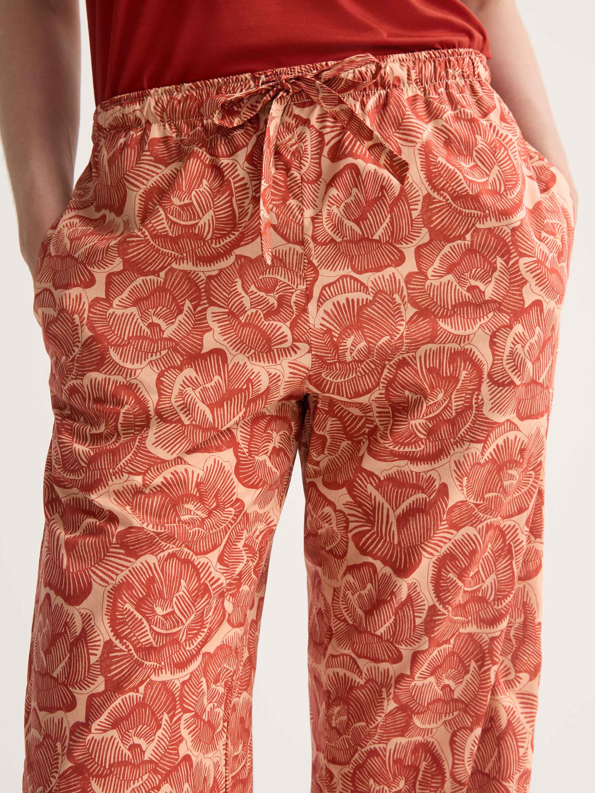 Women's Lounge Trousers Cotton Batiste Rustic Red & Peach Rose Print