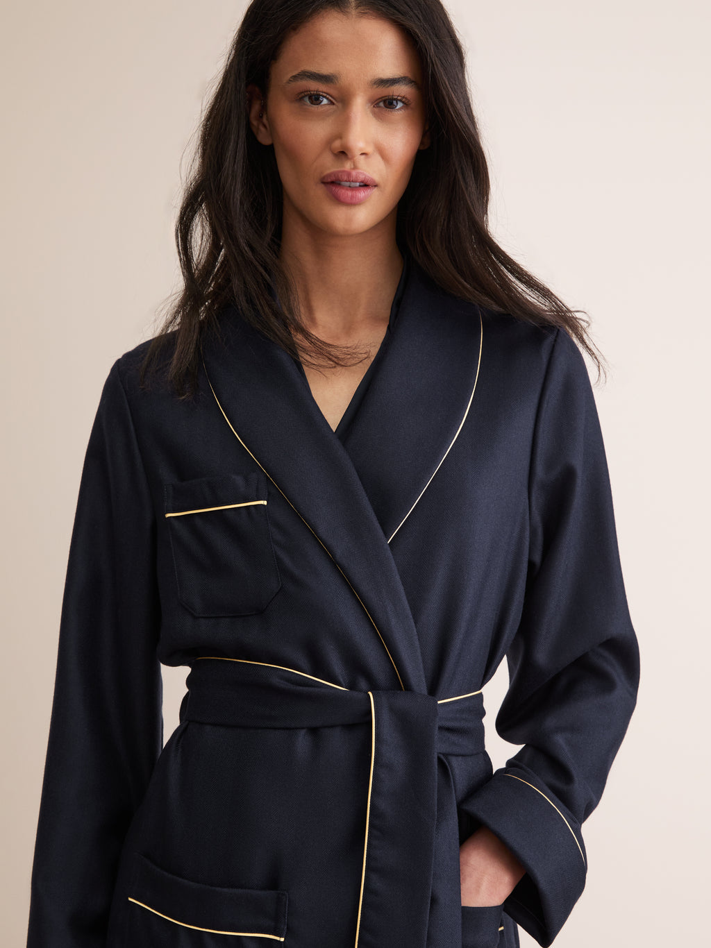 Derek Rose London Duke Cashmere Dressing Gown Navy Blue