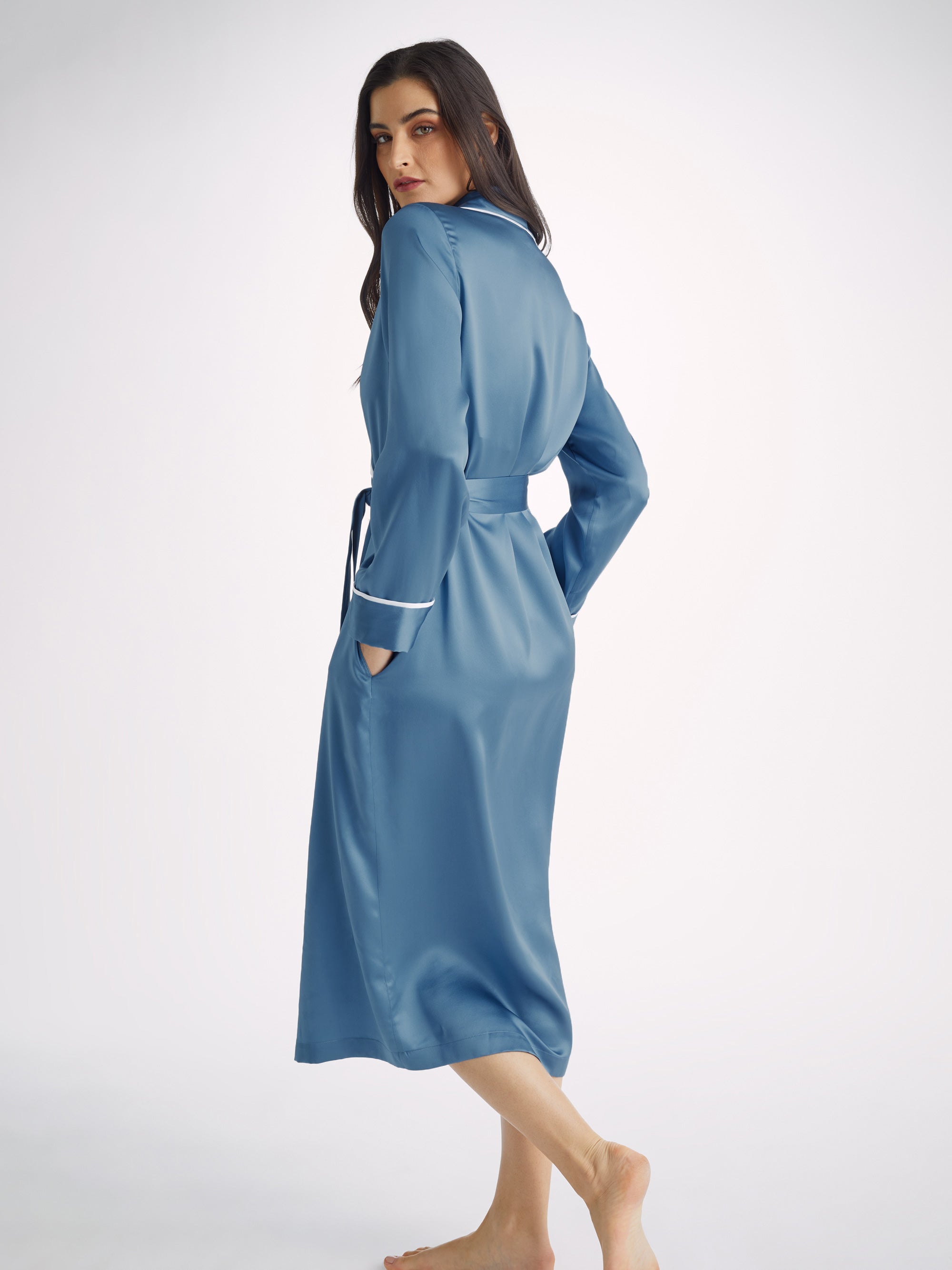 Women's Long Dressing Gown Bailey Silk Satin Soft Denim
