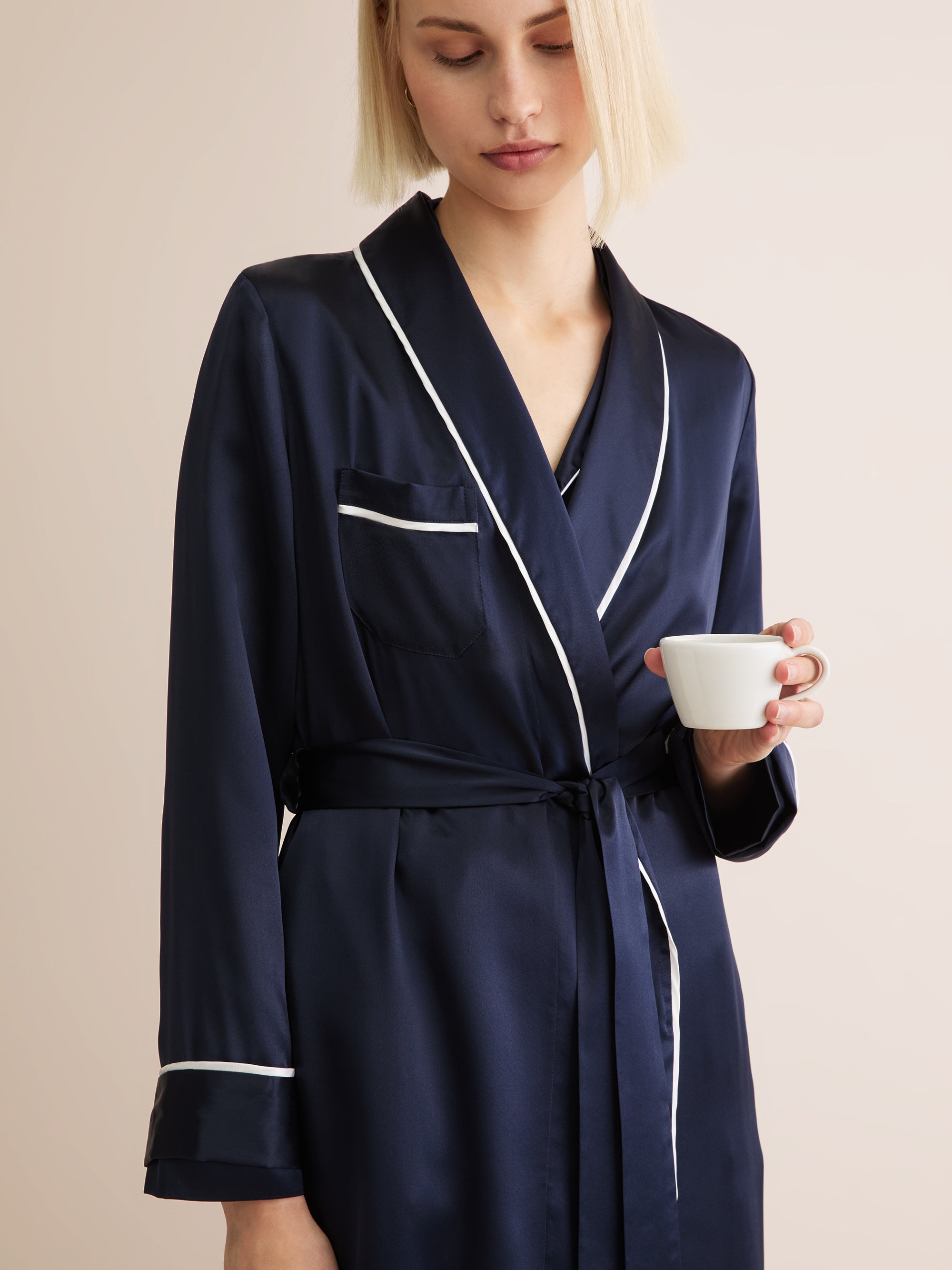 Women's Long Robe Bailey Silk Satin Navy