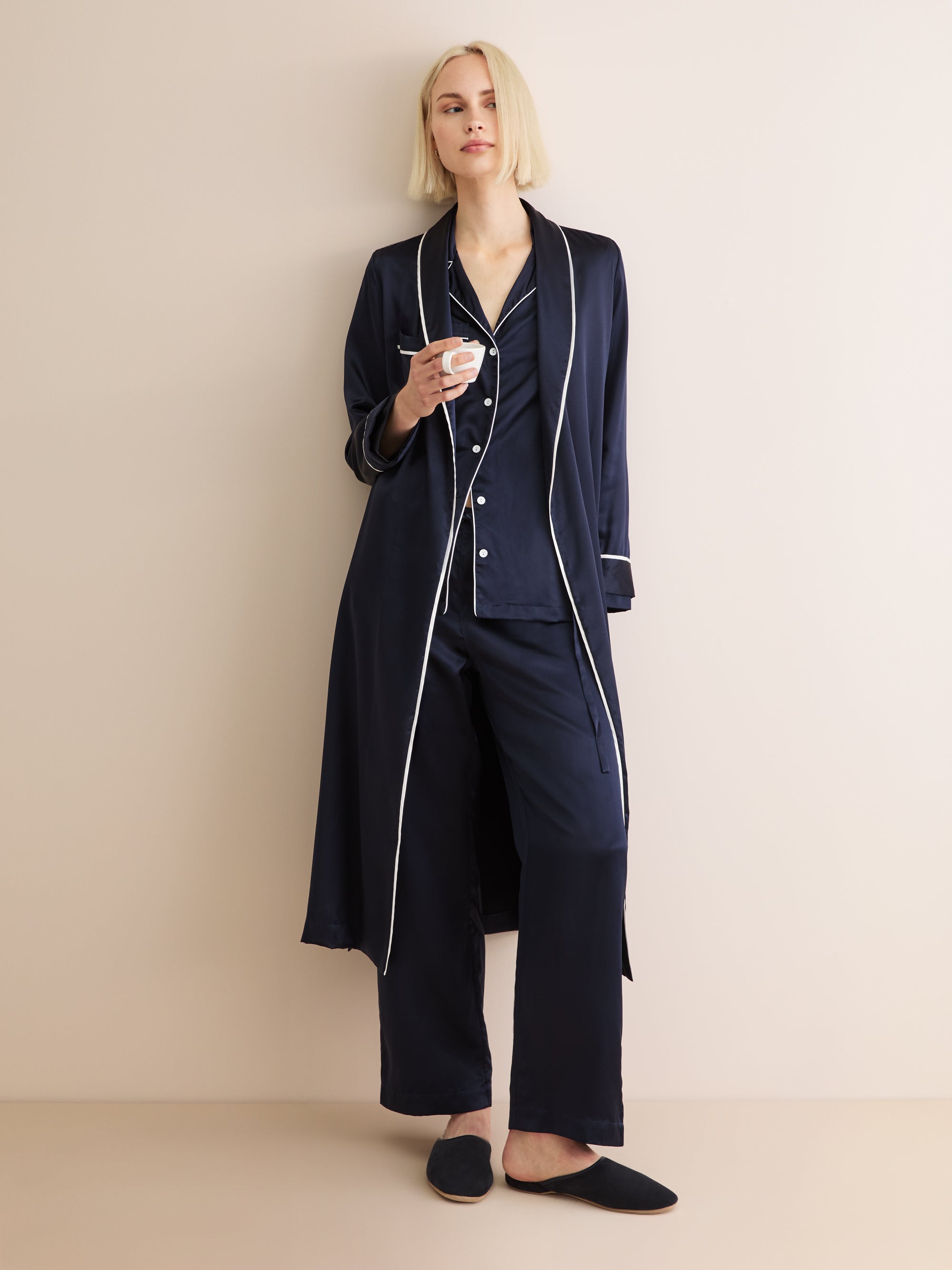 Women's Long Robe Bailey Silk Satin Navy