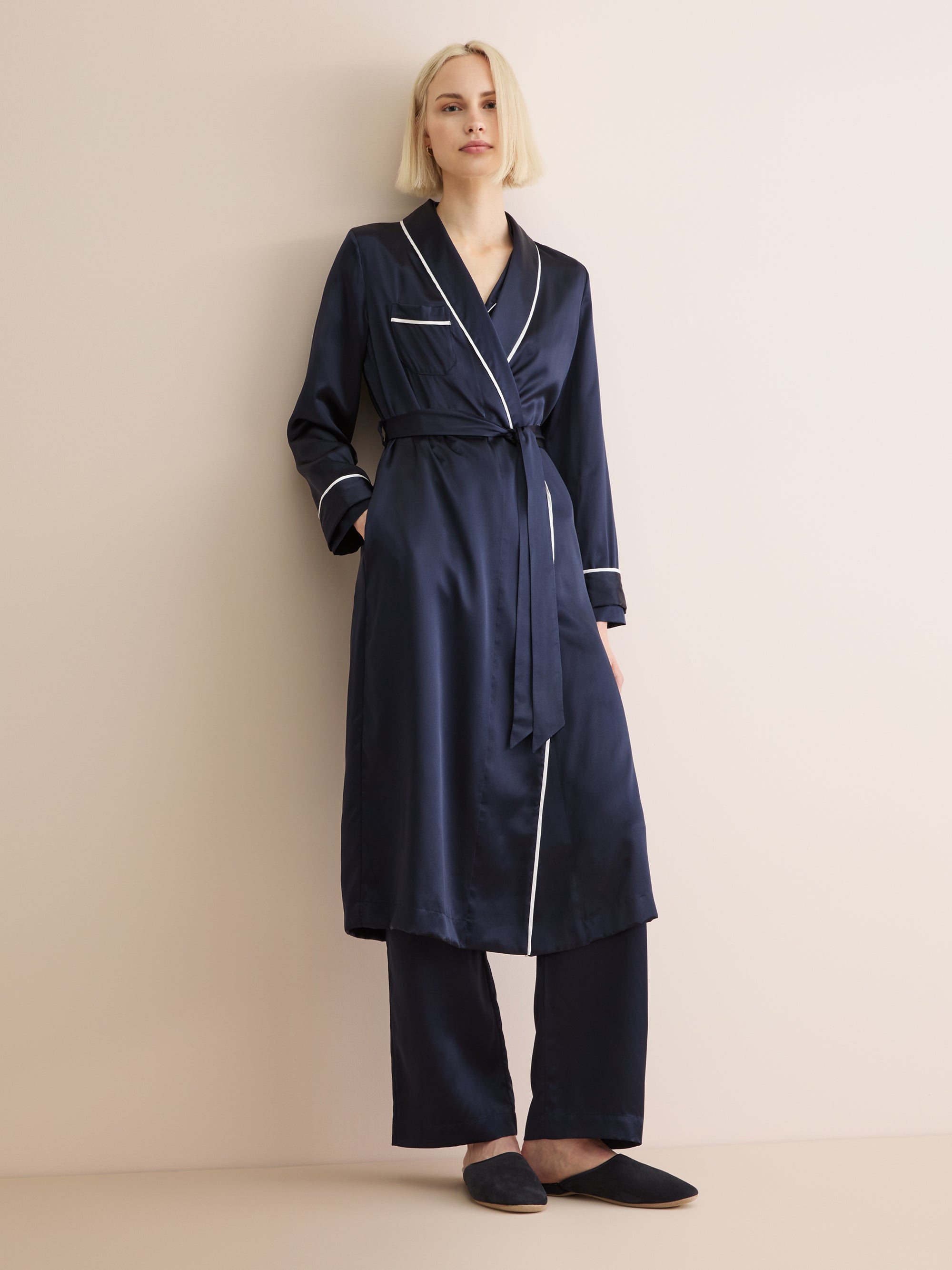 Women's Long Robe Bailey Silk Satin Navy