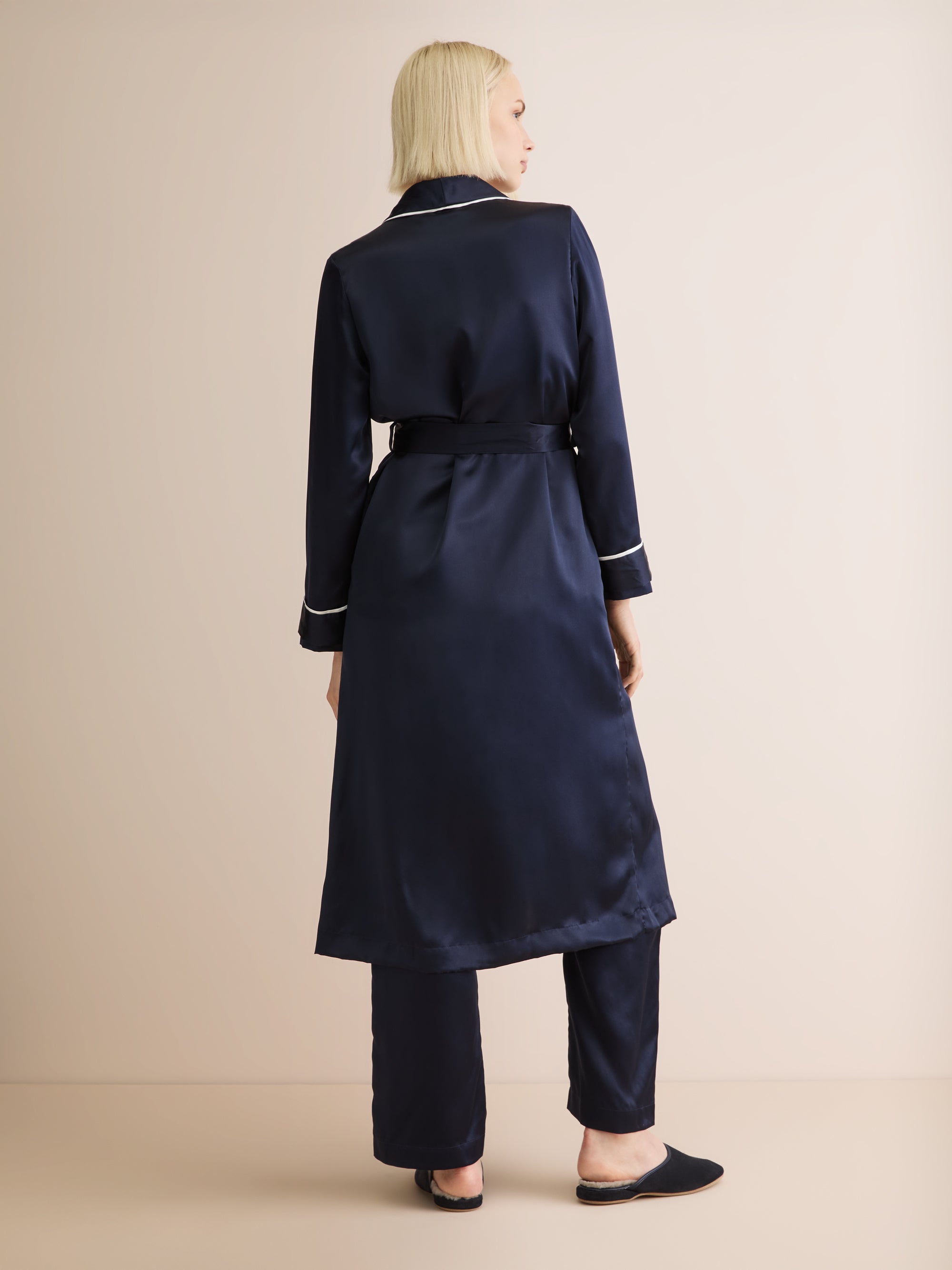 Women's Long Robe Bailey Silk Satin Navy
