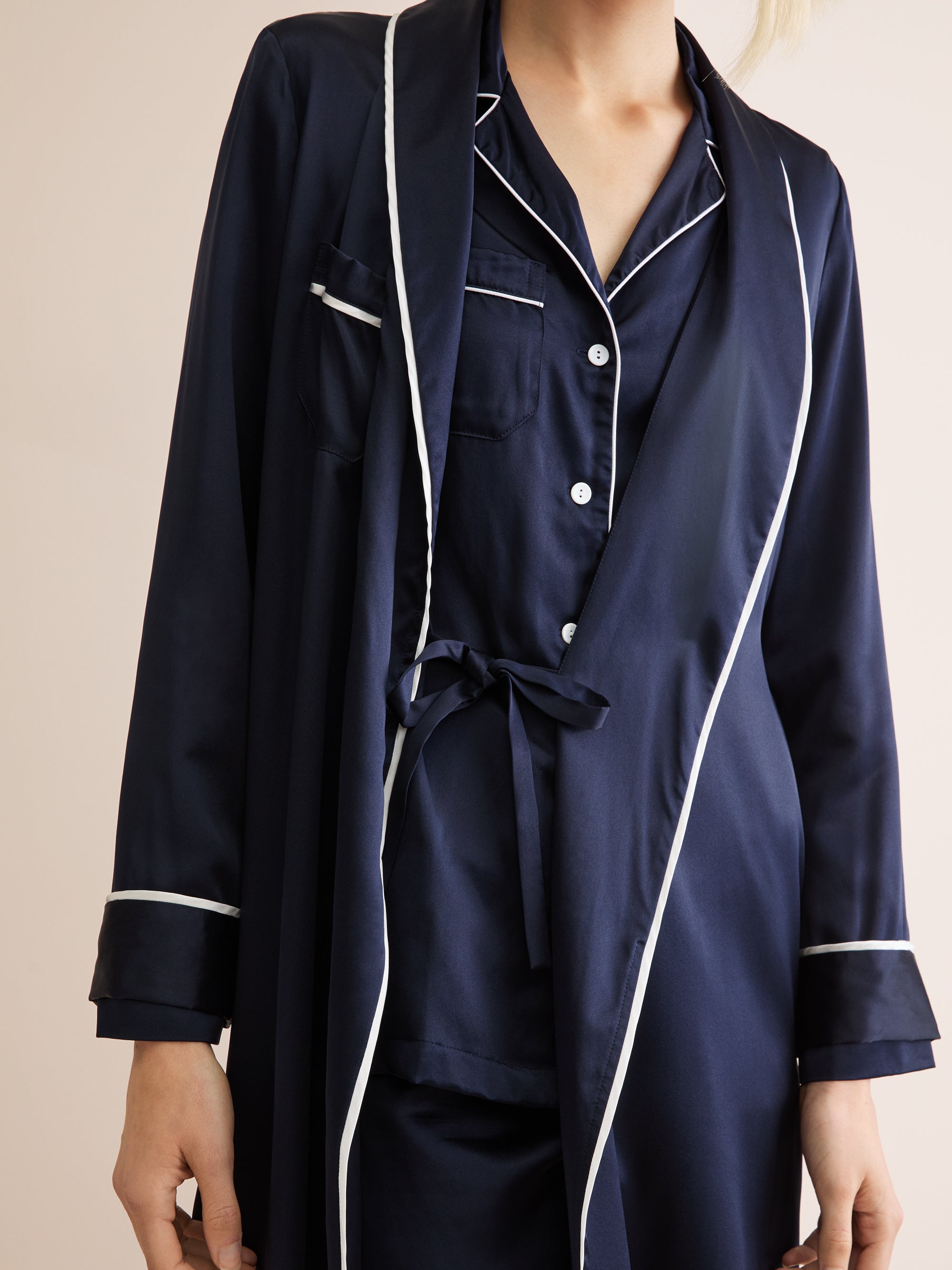 Women's Long Robe Bailey Silk Satin Navy