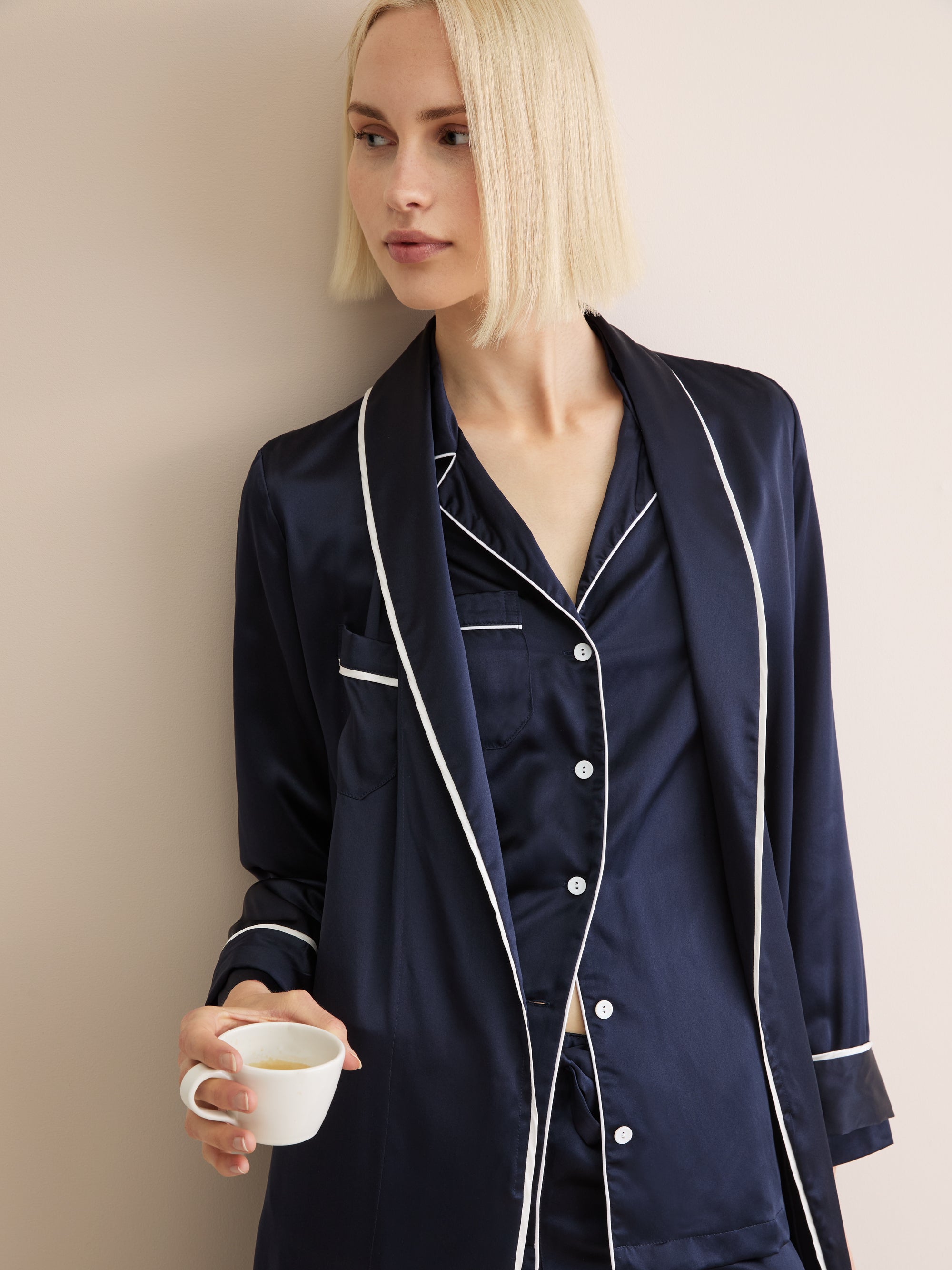 Women's Long Robe Bailey Silk Satin Navy