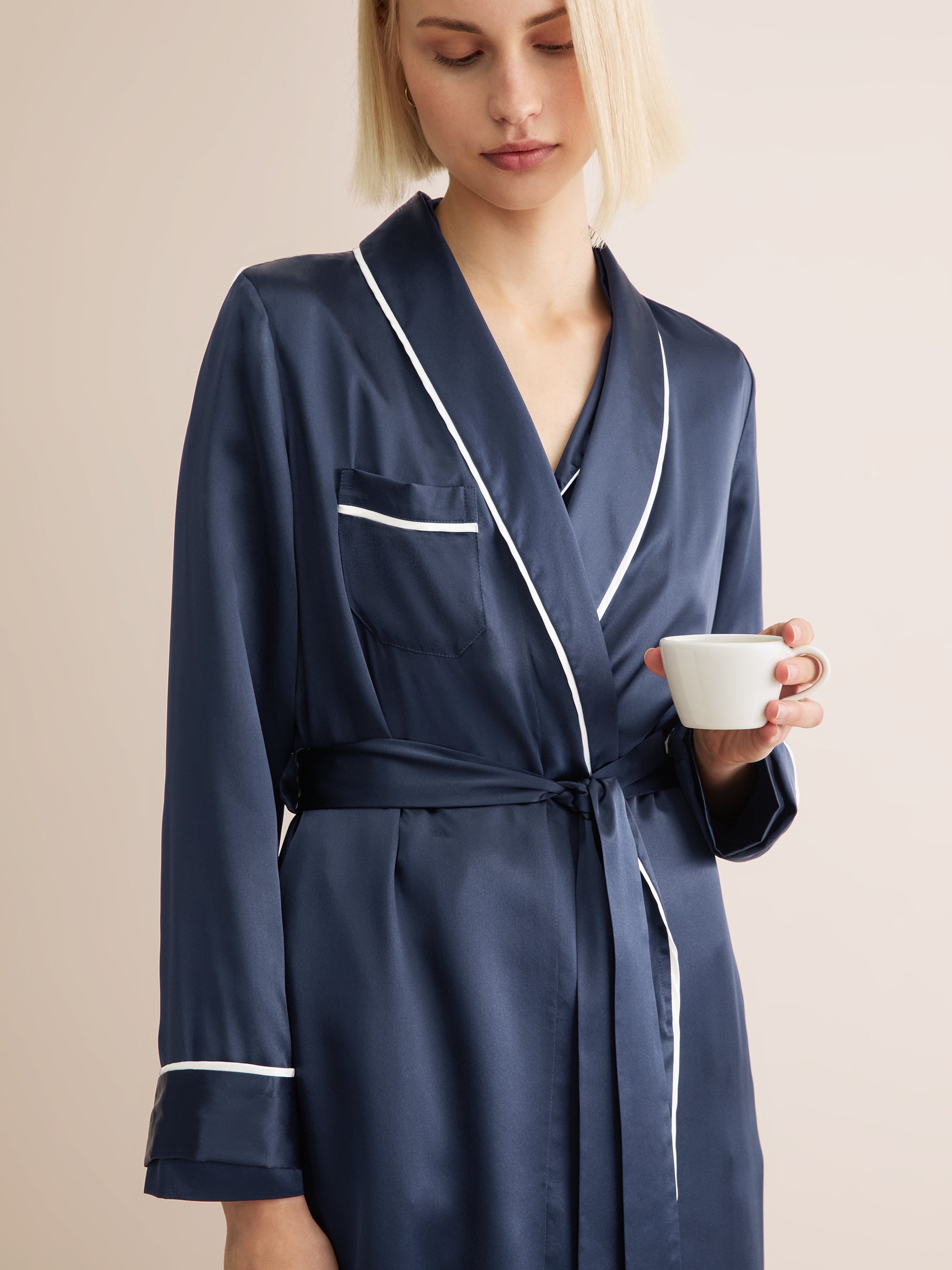 Women's Long Dressing Gown Bailey Silk Satin Navy