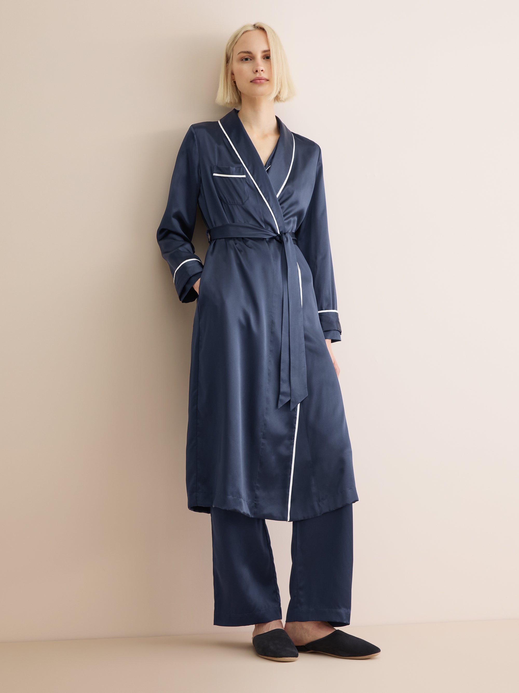 Women's Long Dressing Gown Bailey Silk Satin Navy