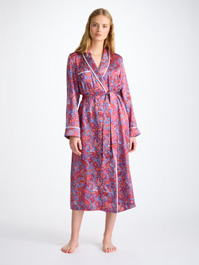Women's Long Dressing Gown Silk Satin Amethyst Jungle Paisley Pattern