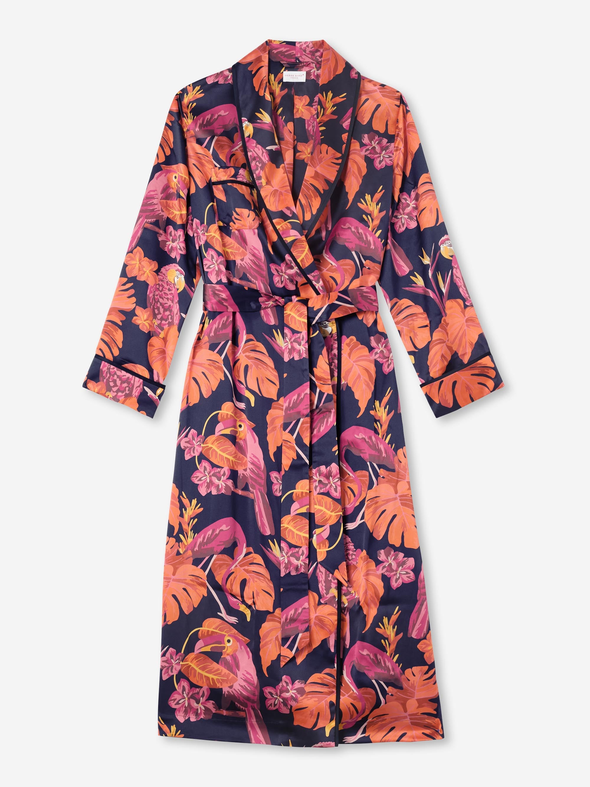 Women's Long Dressing Gown Silk Satin Navy Jungle Birds Pattern