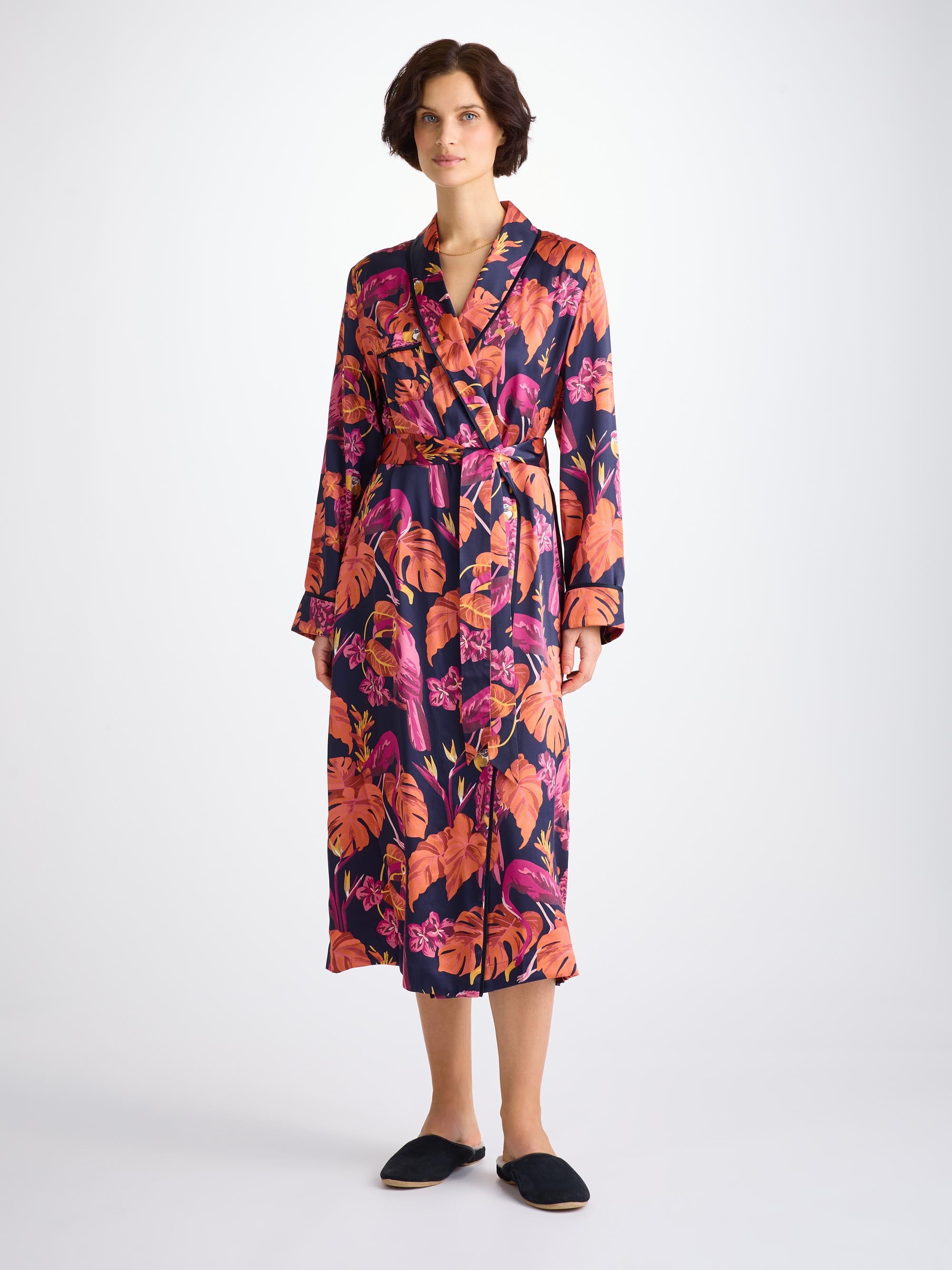 Women's Long Dressing Gown Silk Satin Navy Jungle Birds Pattern