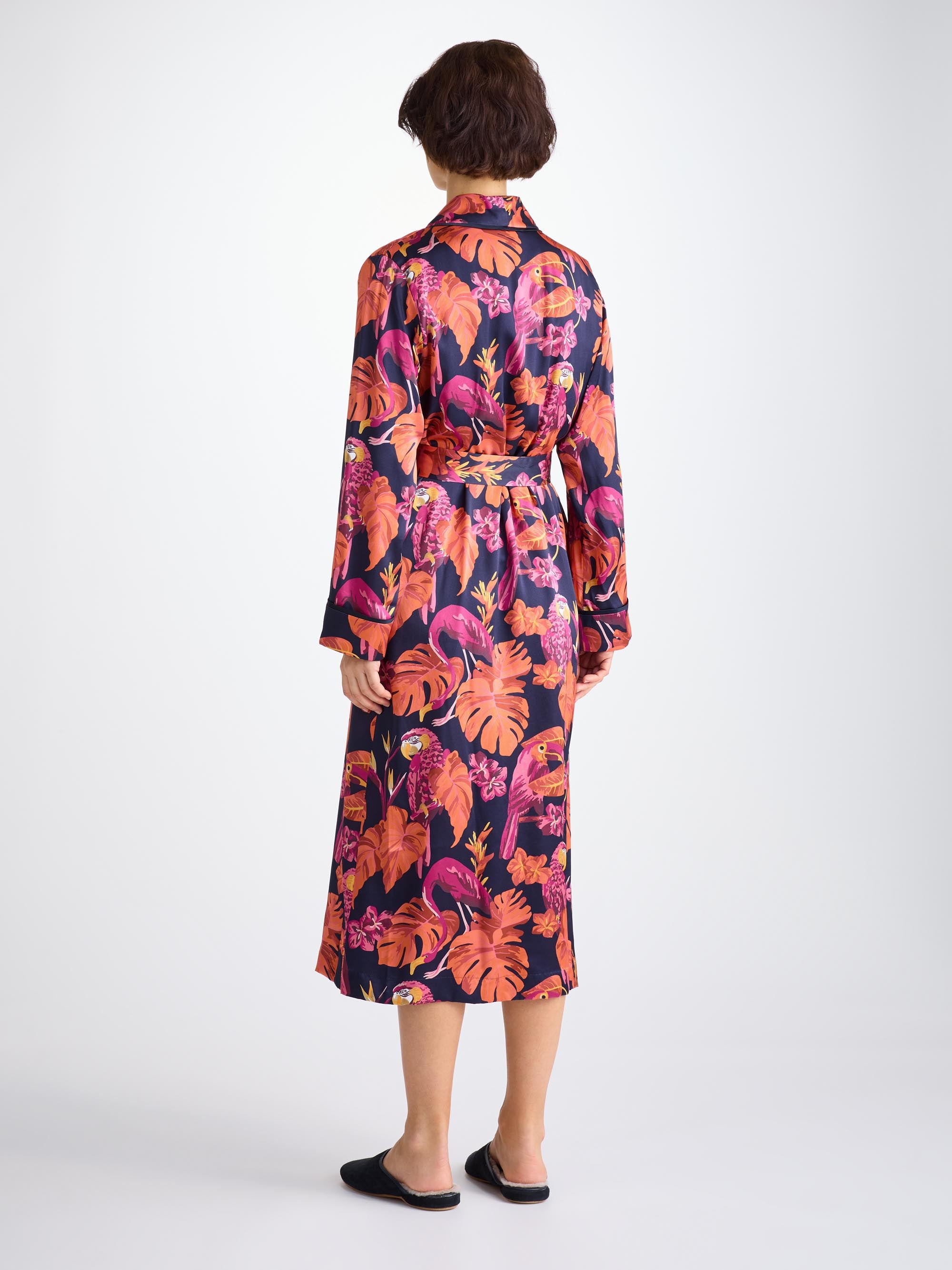 Women's Long Dressing Gown Silk Satin Navy Jungle Birds Pattern