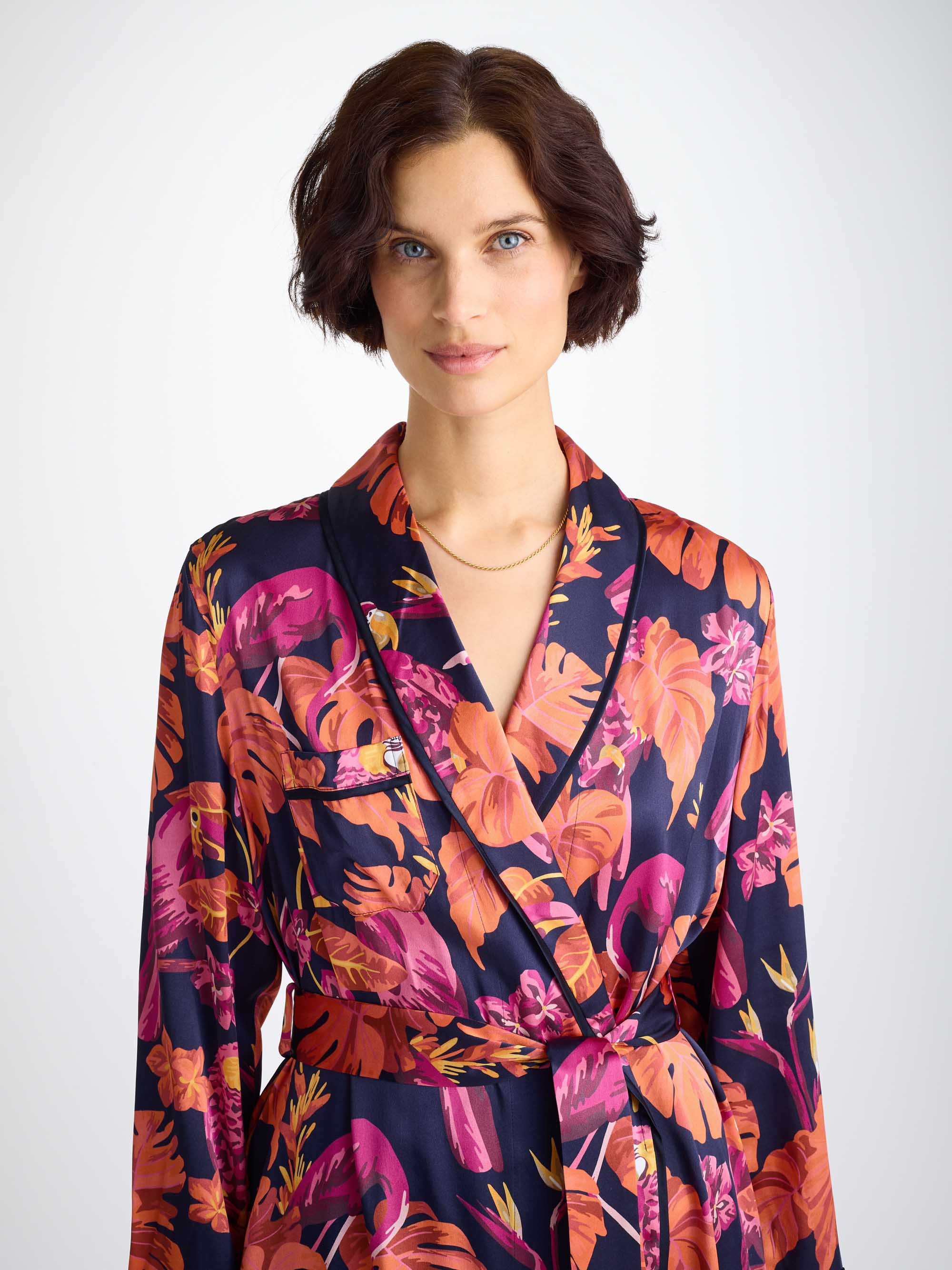 Women's Long Dressing Gown Silk Satin Navy Jungle Birds Pattern