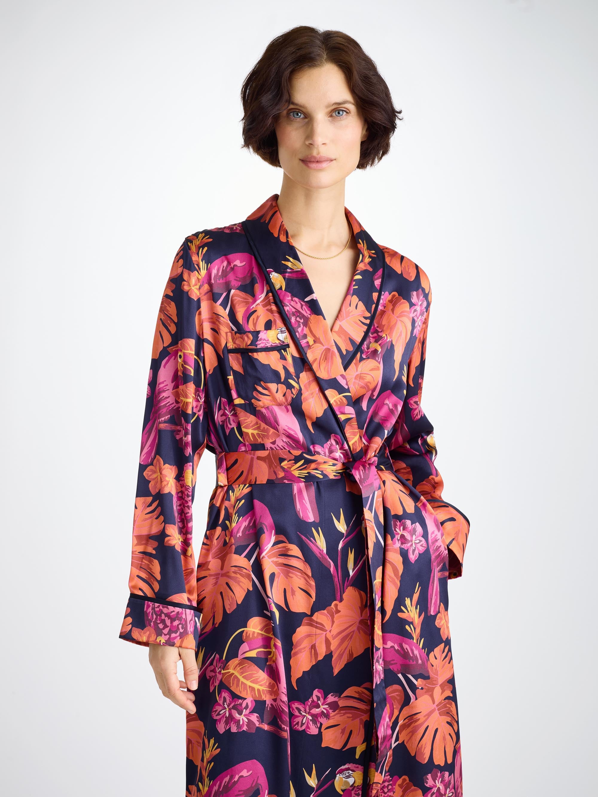 Women's Long Dressing Gown Silk Satin Navy Jungle Birds Pattern