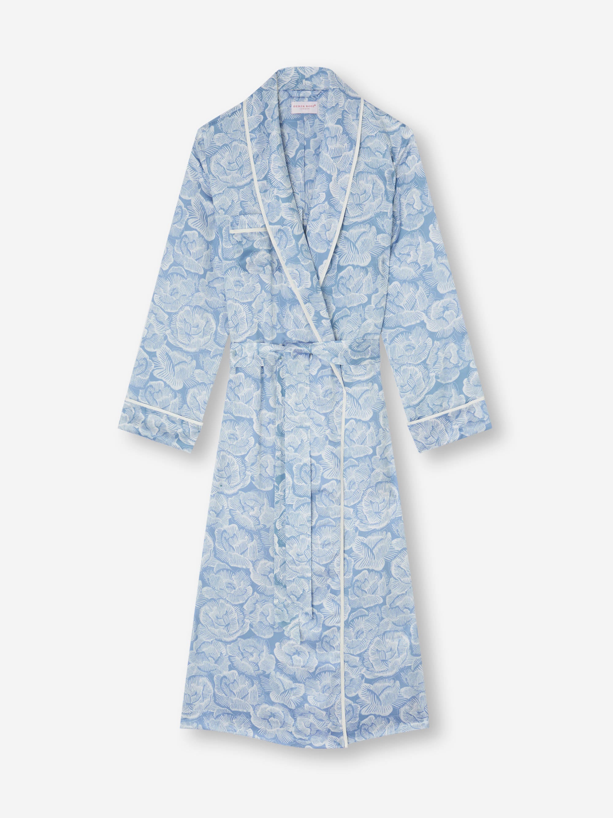 Women's Long Silk Dressing Gown Light Blue & White Rose Print
