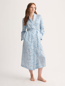 Women's Long Silk Dressing Gown Light Blue & White Rose Print
