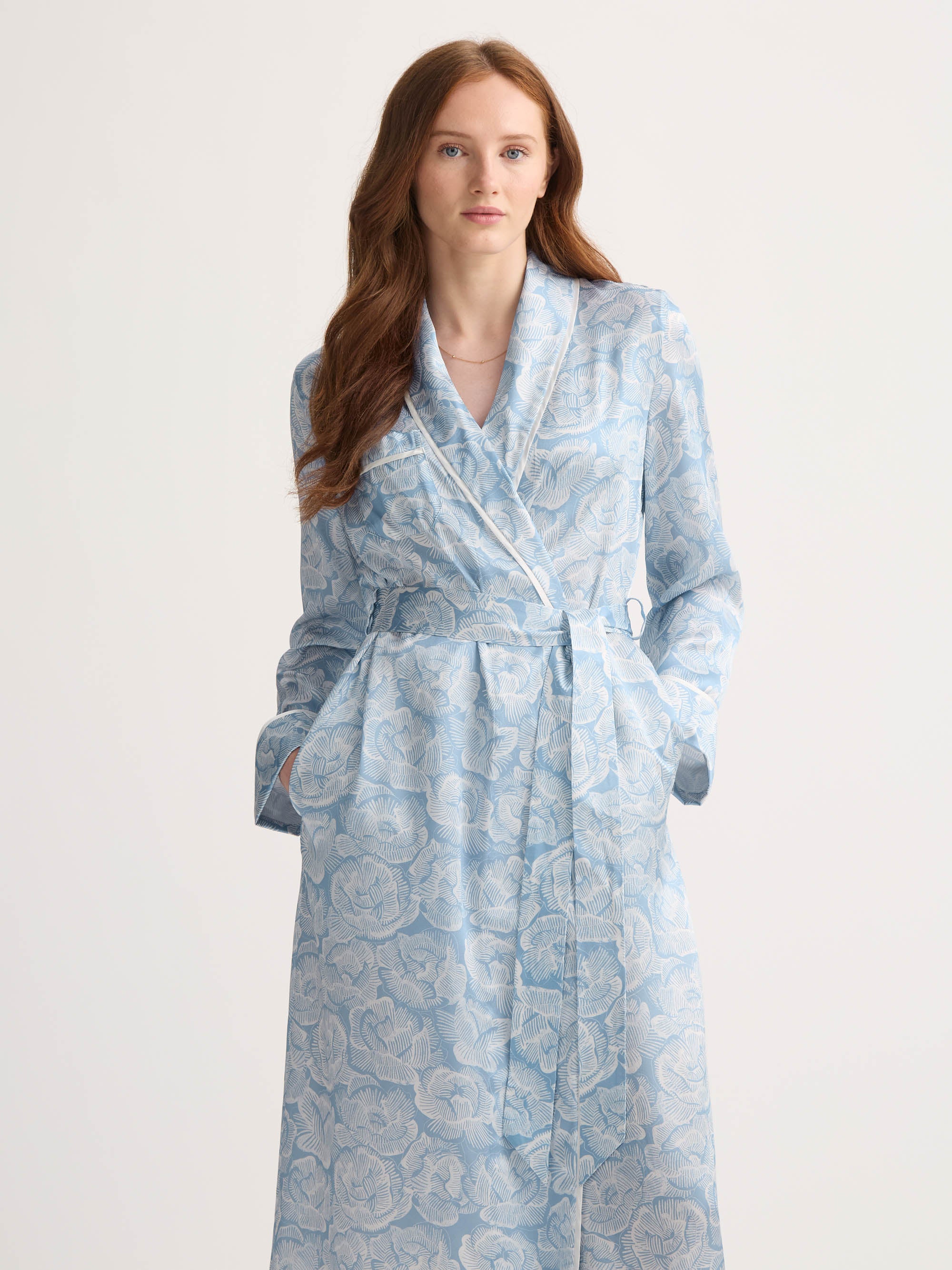 Women's Long Silk Dressing Gown Light Blue & White Rose Print