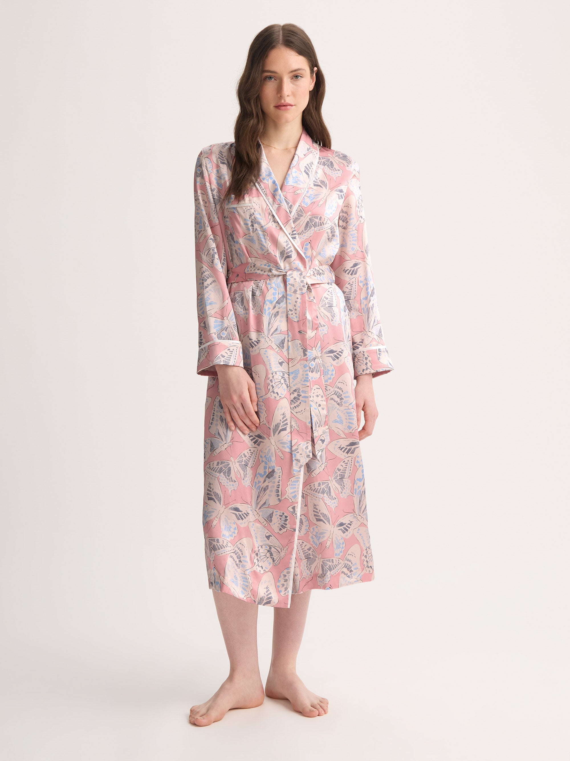 Derek Rose Women's Long Dressing Gown Silk Pink Multicolour Butterfly Derek Rose Women's Long Dressing Gown Silk Pink Multicolour Butterfly